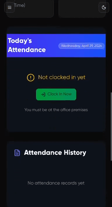 Step #2: On your dashboard, scroll down to the Attendance Section ,click the green Clock In Now button.
