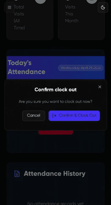 Step #6: Click Confirm & Clock Out in the pop-up dialog to finalize your departure.