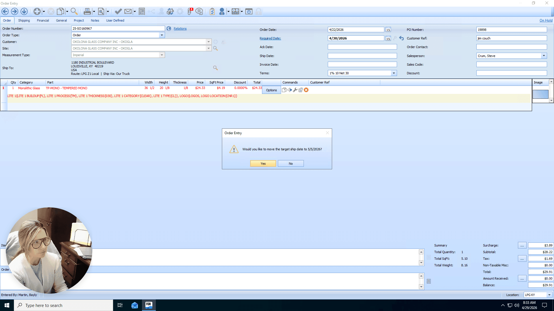 Step #7: Click Yes when prompted to confirm moving the target ship date.