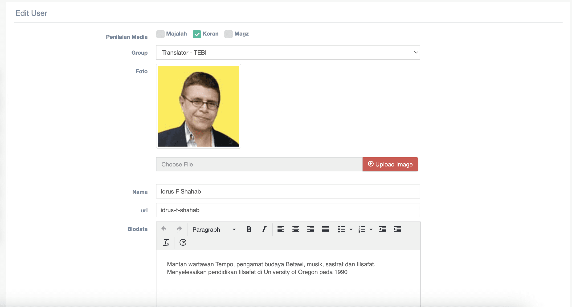 Step #7: Lakukan perubahan terhadap biodata ataupun foto profil yang hendak di-update, melalui CMS TM. Sebagai contoh, disini kita menggunakan user atas nama 'Idrus F Shahab'.Setelah selesai, klik 'Submit'