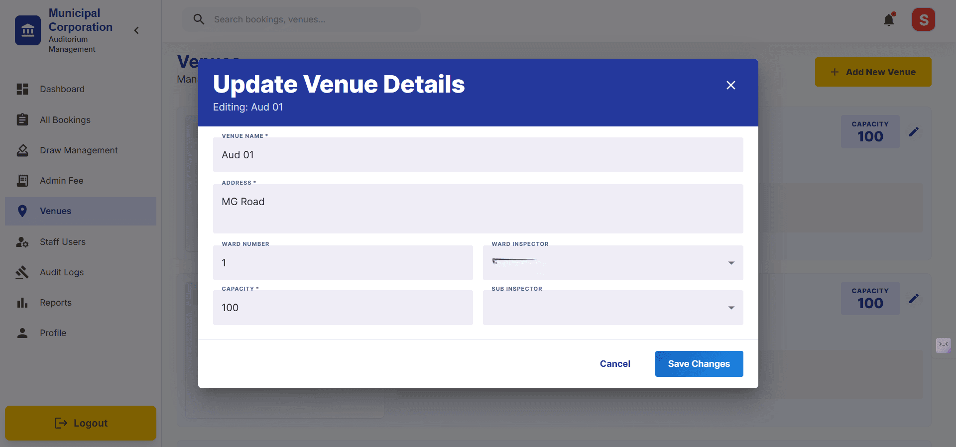 Step #6: By clicking on Update Venue Details you can update the details of it, then click on Save Changes