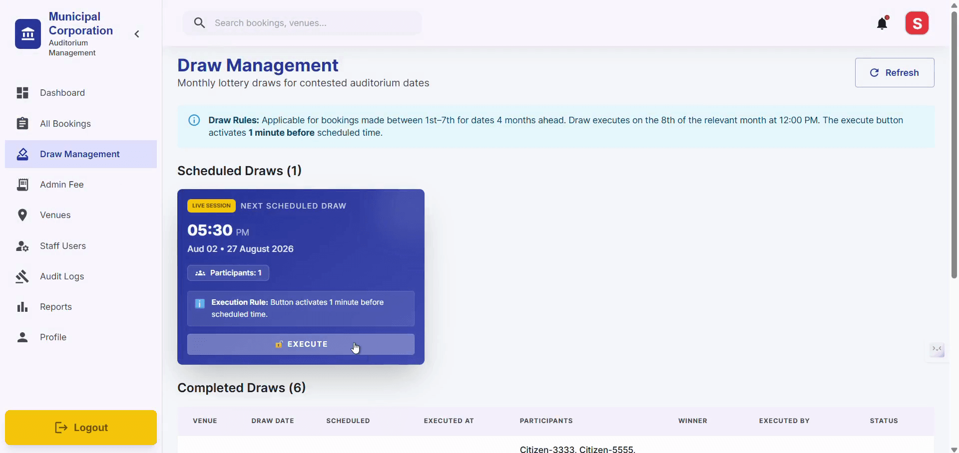 Step #11: Navigate to Draw Management tab, Click Execute Draw on the scheduled lottery draw card so that a Citizen will be allotted for that date