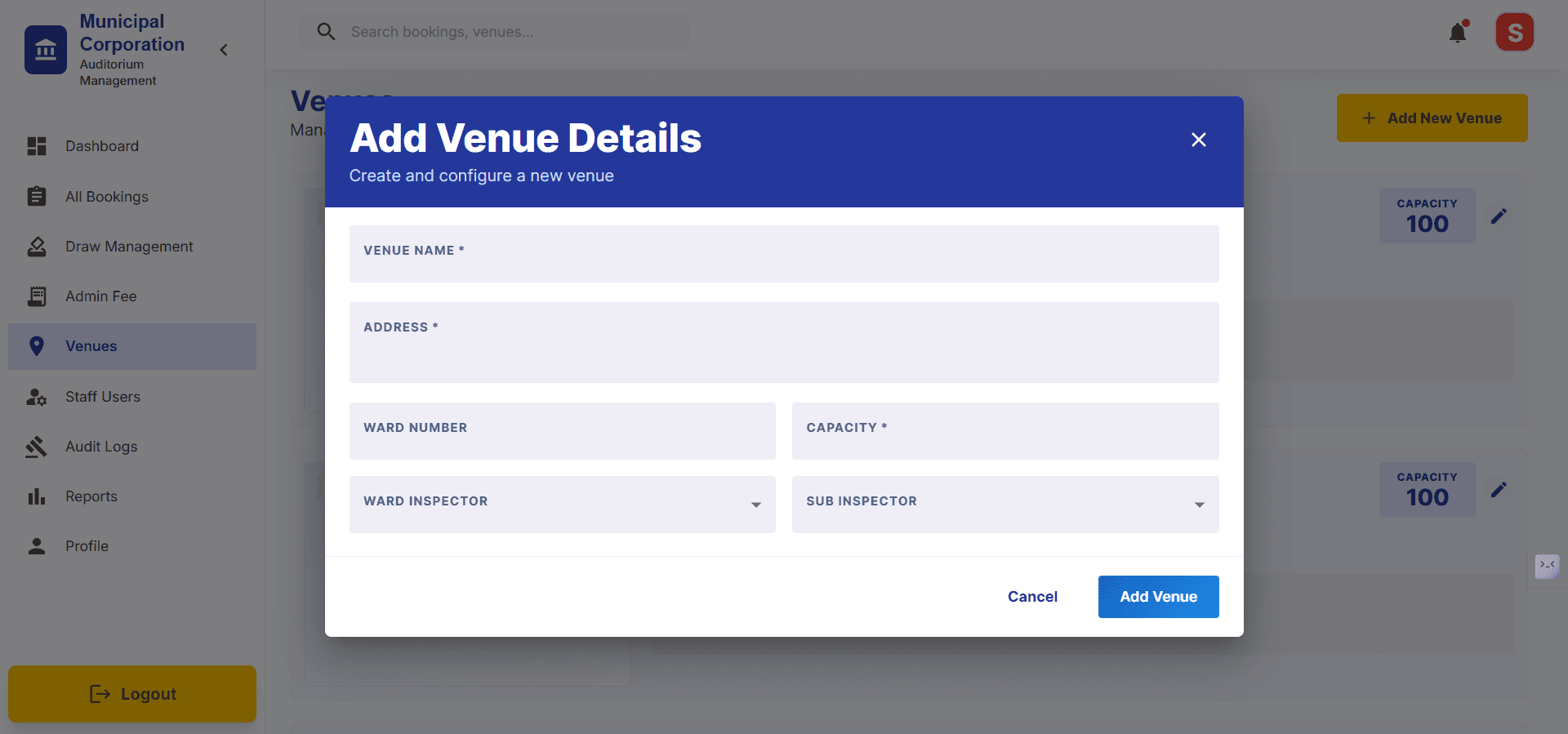 Step #7: Add New Venue Button, on top right is used to add new Venue in the list. So provide required details then click on Add Venue button.