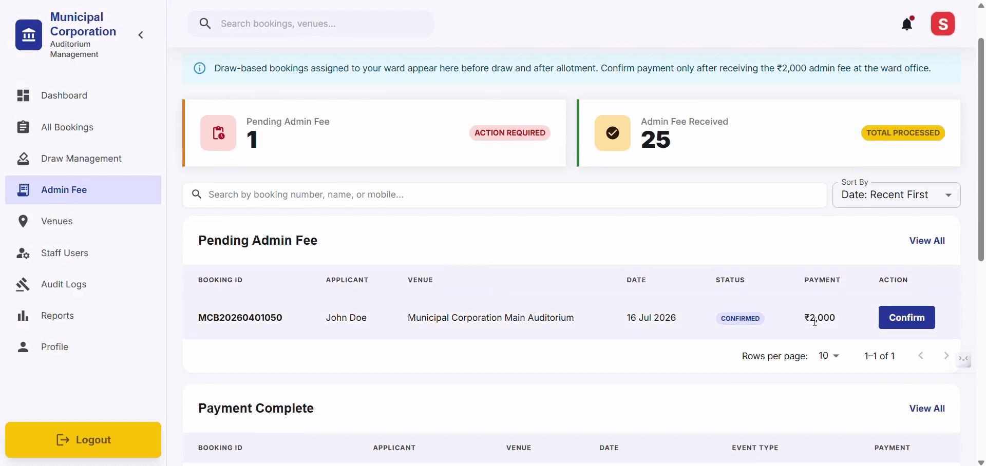 Step #13: In Admin Fee tab, accept the Admin fee if paid by Citizen by clicking on Confirm Payment.