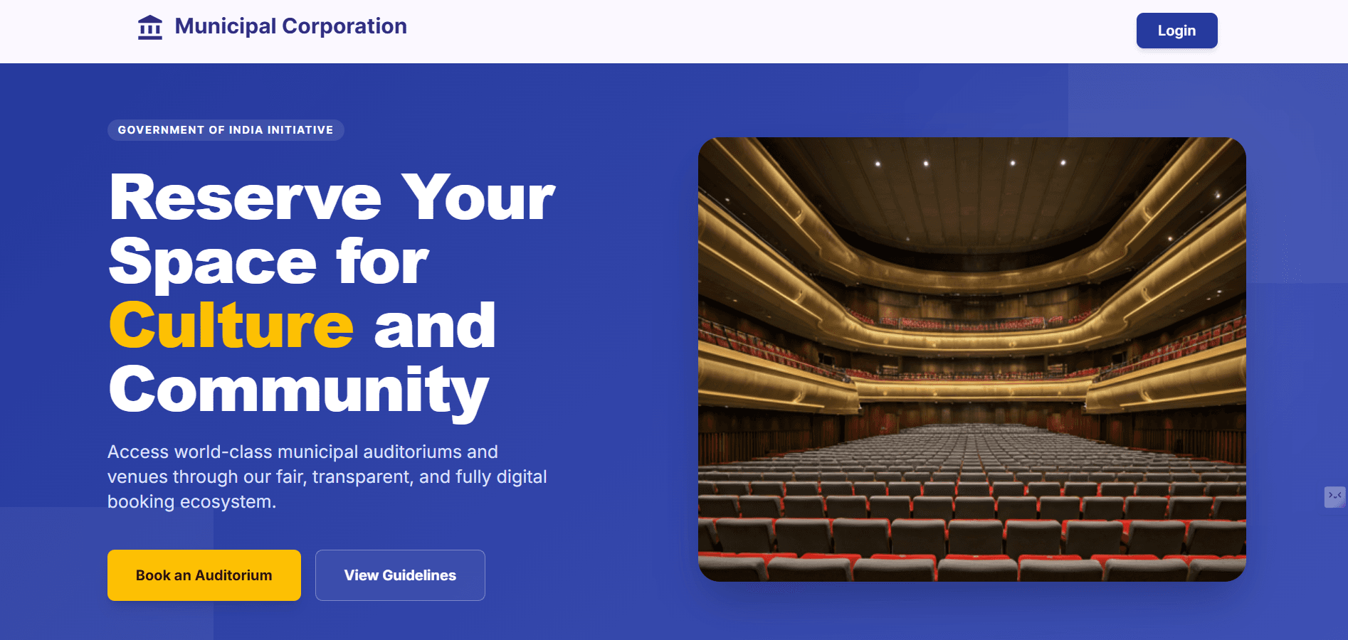 Step #1: Home page of Municipal Corporation, click on Login/Book an Auditorium to Login in it.