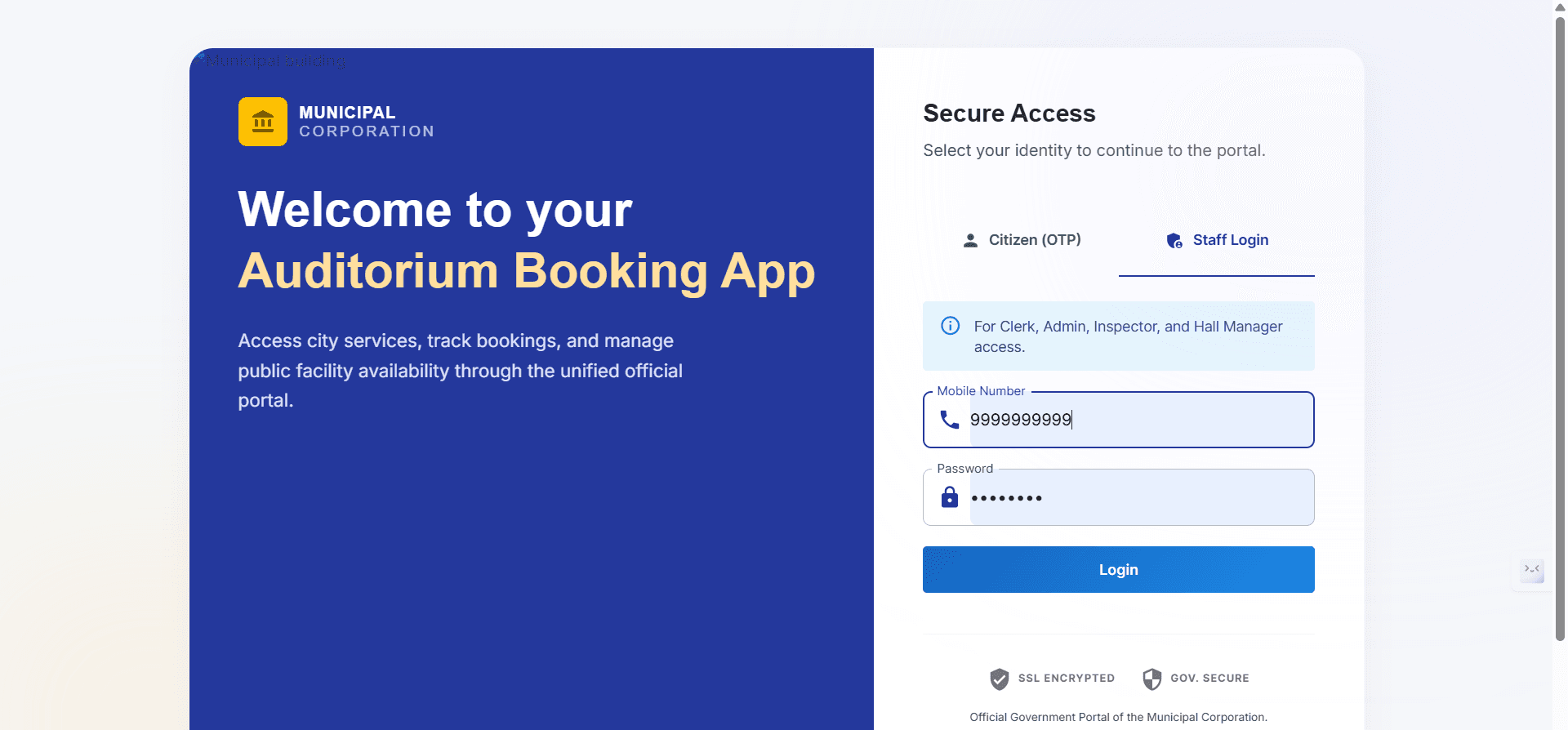 Step #2: In Staff Login, provide registered phone number and password, then click on Login