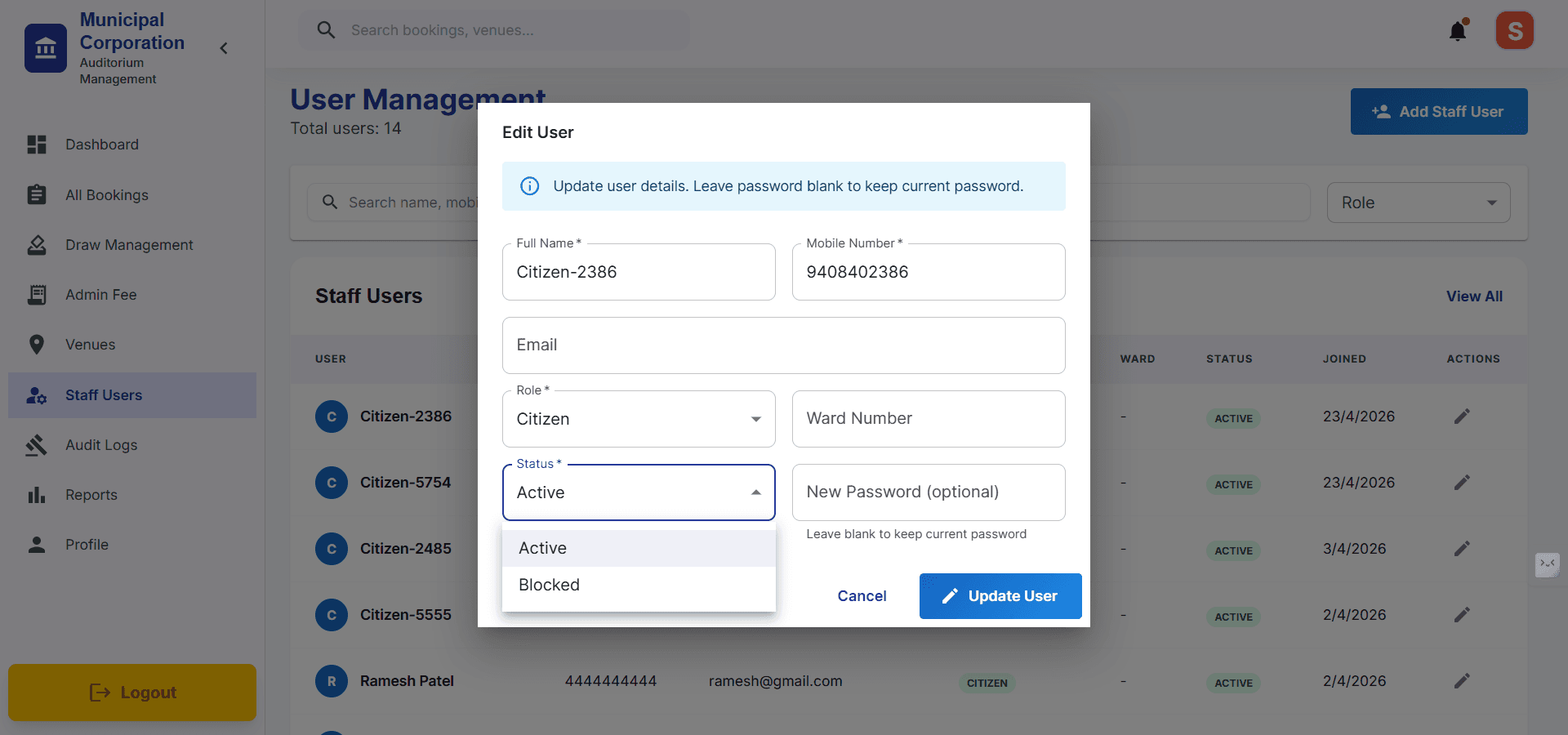 Step #16: Through edit, Admin can edit details as well as Status of the user. Basically if he wants to Block access he can do it from here.