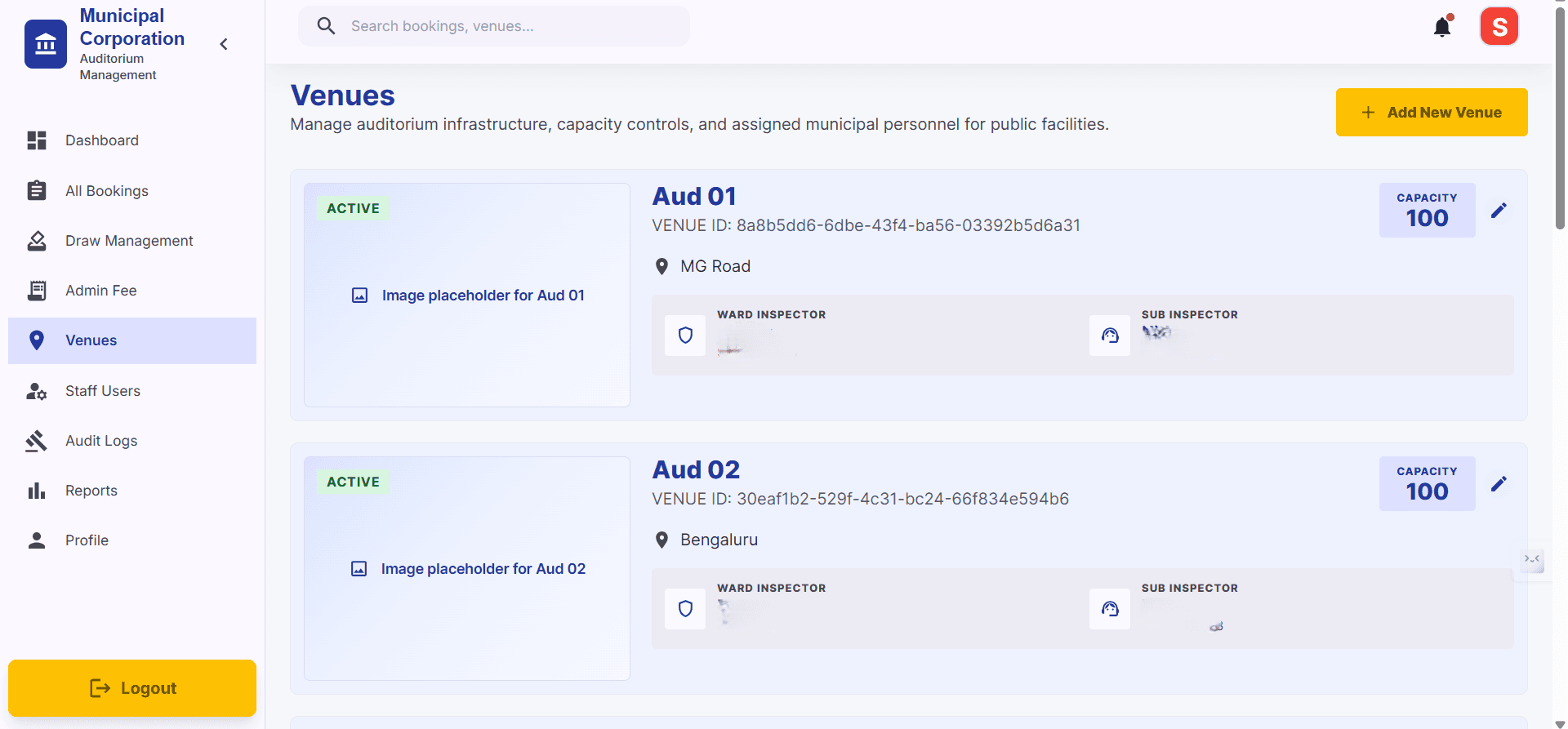 Step #5: Venues tab is used to represent existing venues and their details in it.