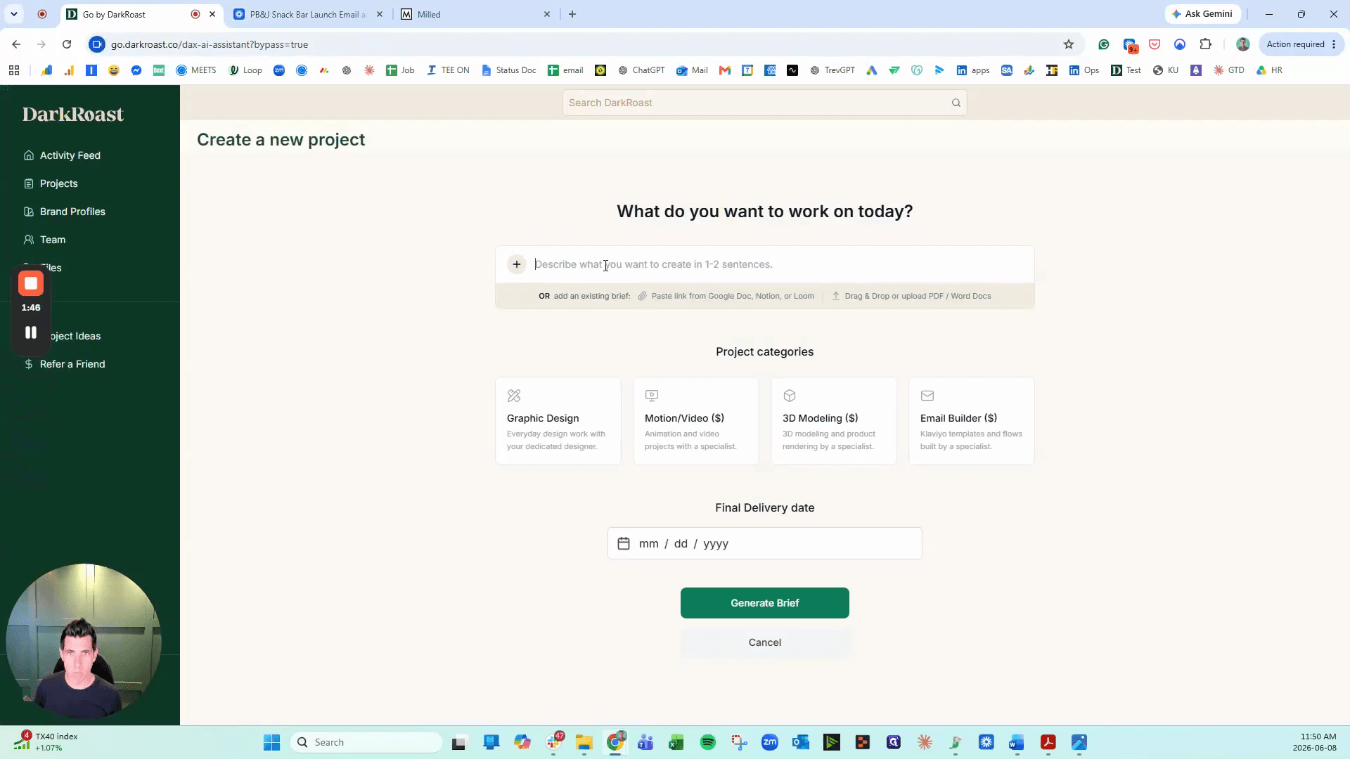Step #4: Paste the Loom link into the new project interface under the "add an existing brief" section.