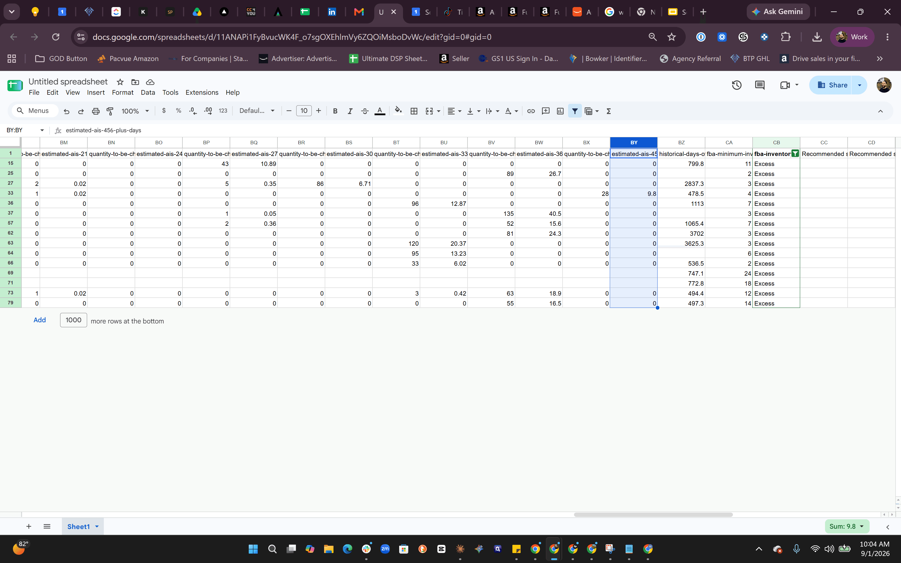 Step #7: Select column BY (estimated-ais-456-plus-days) to review items incurring top-tier surcharges stored over 456 days.