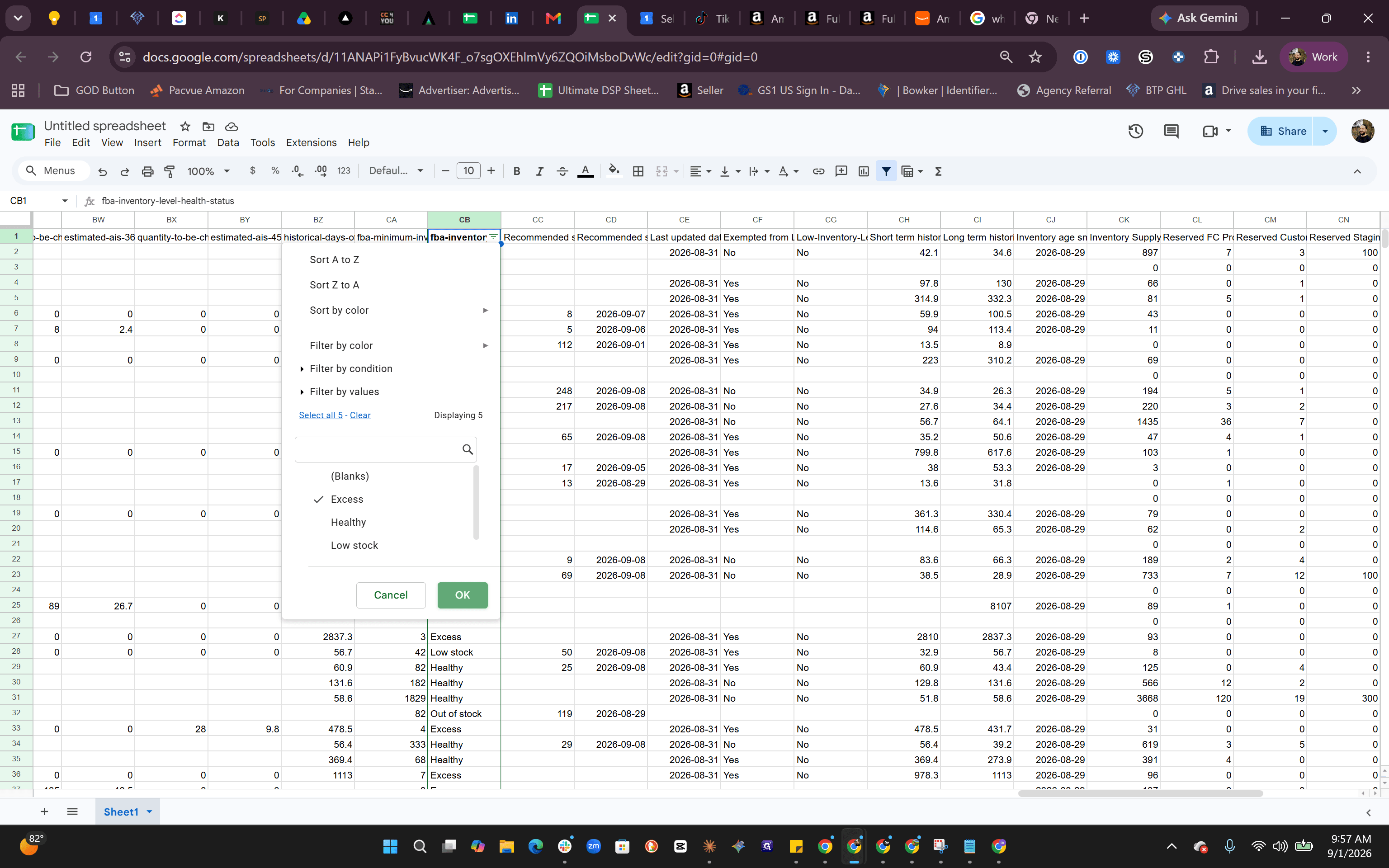 Step #4: Select Excess and click OK to filter the sheet exclusively for excess inventory items.
