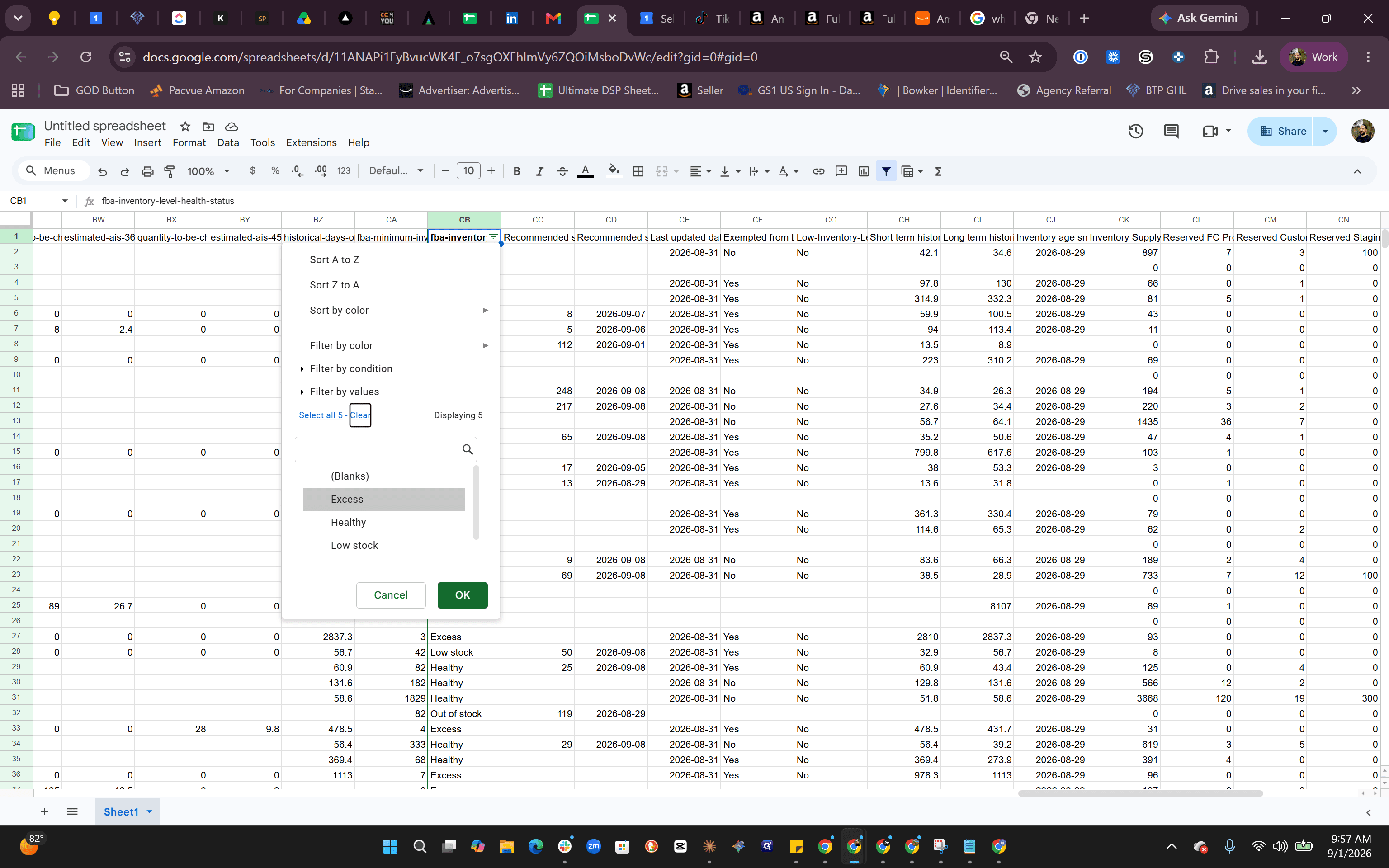 Step #3: Open the filter menu on column CB (fba-inventory-level-health-status) and click Clear to unselect all statuses.