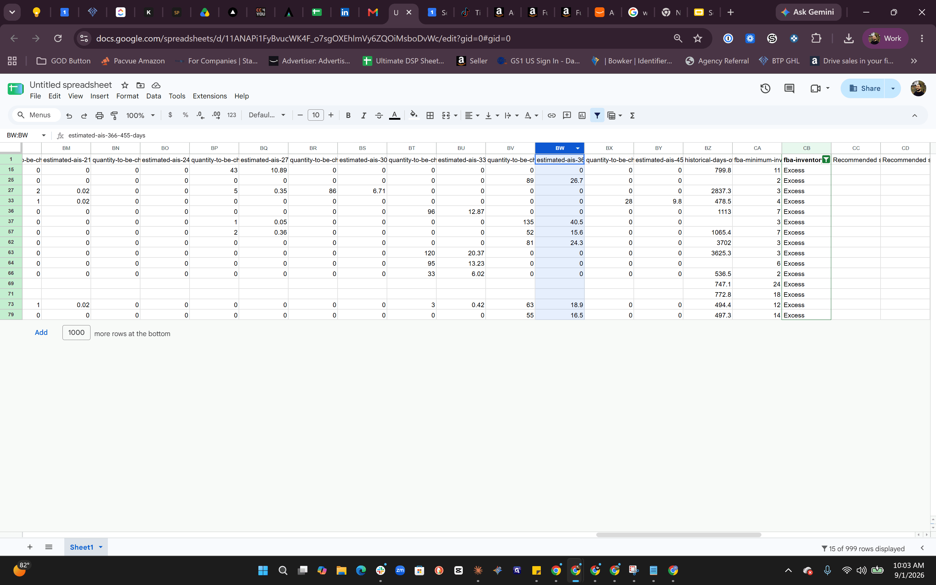 Step #6: Select column BW (estimated-ais-366-455-days) to identify SKUs with the highest surcharges in the 366–455 day window.