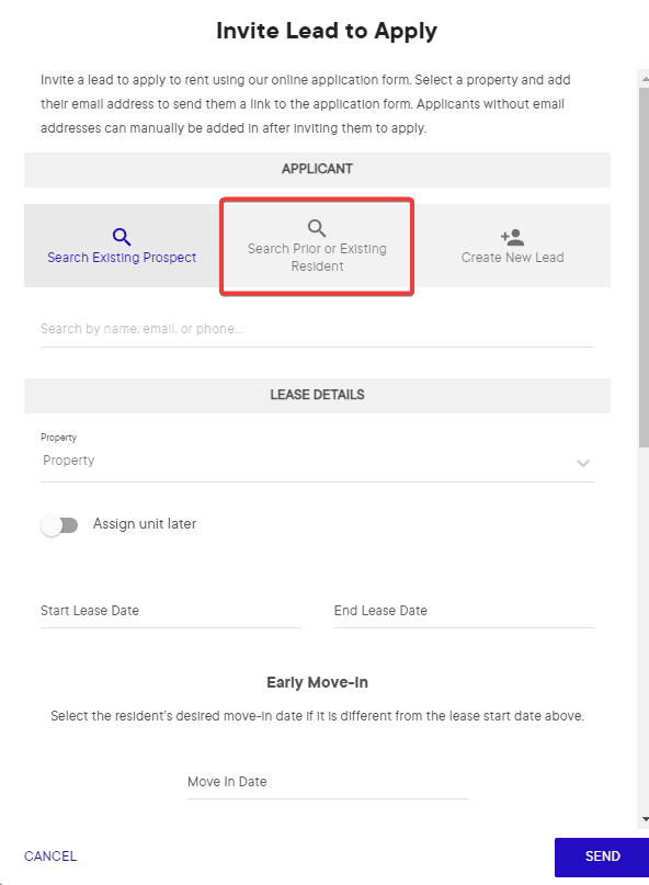 Step #4: Choose the "Search Prior or Existing Resident" and then search for the Tenant that is moving to a different property.