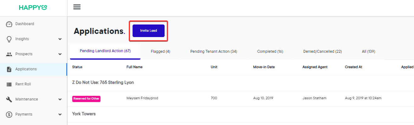 Step #3: Click on the blue "Invite Lead" button which will produce an "Invite Lead to Apply" pop-up.