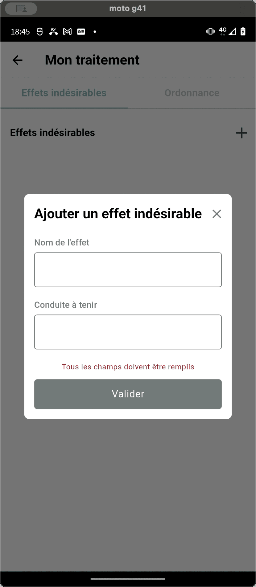 Step #4: Cliquez sur la zone de texte en dessous de "Nom de l'effet" pour rentrer le nom de l'effet indésirable (ex: nausée).