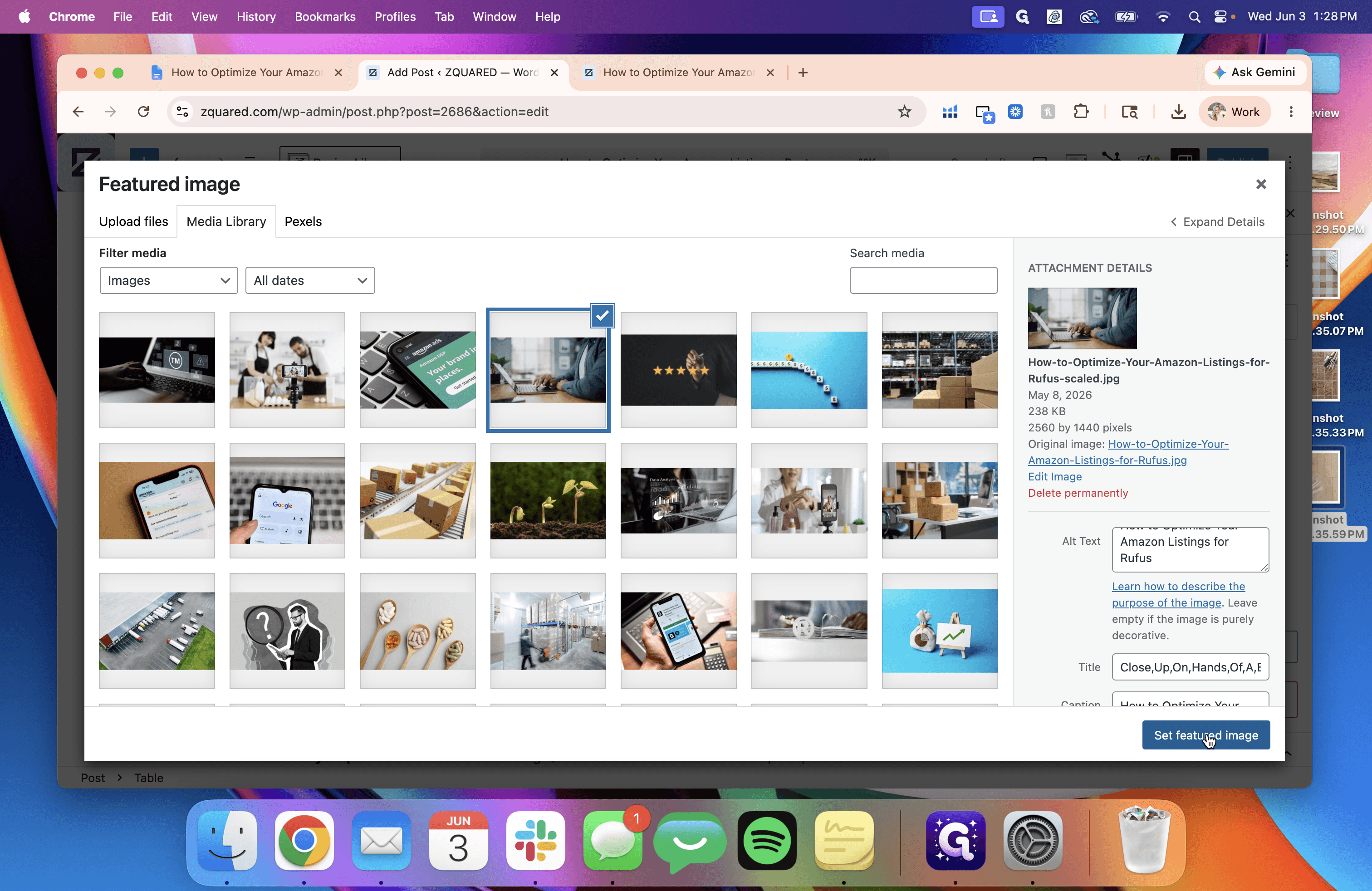 Step #8: Upload your target image and verify that the Alt text, Title, Caption, and Description are filled out accurately, then click the Set featured image button.