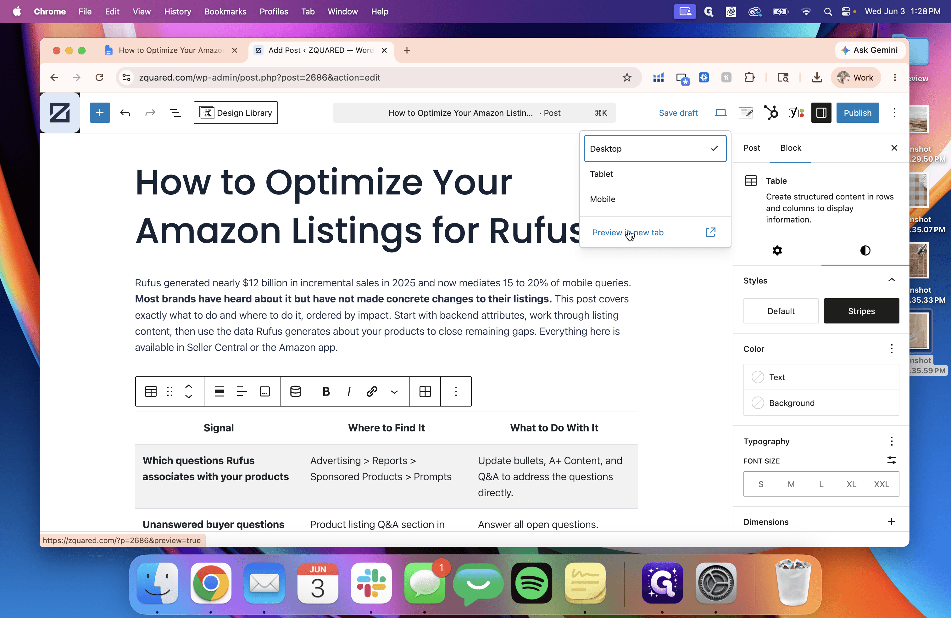 Step #6: Click Preview in new tab in the top-right toolbar to verify how the text and tables are displaying.