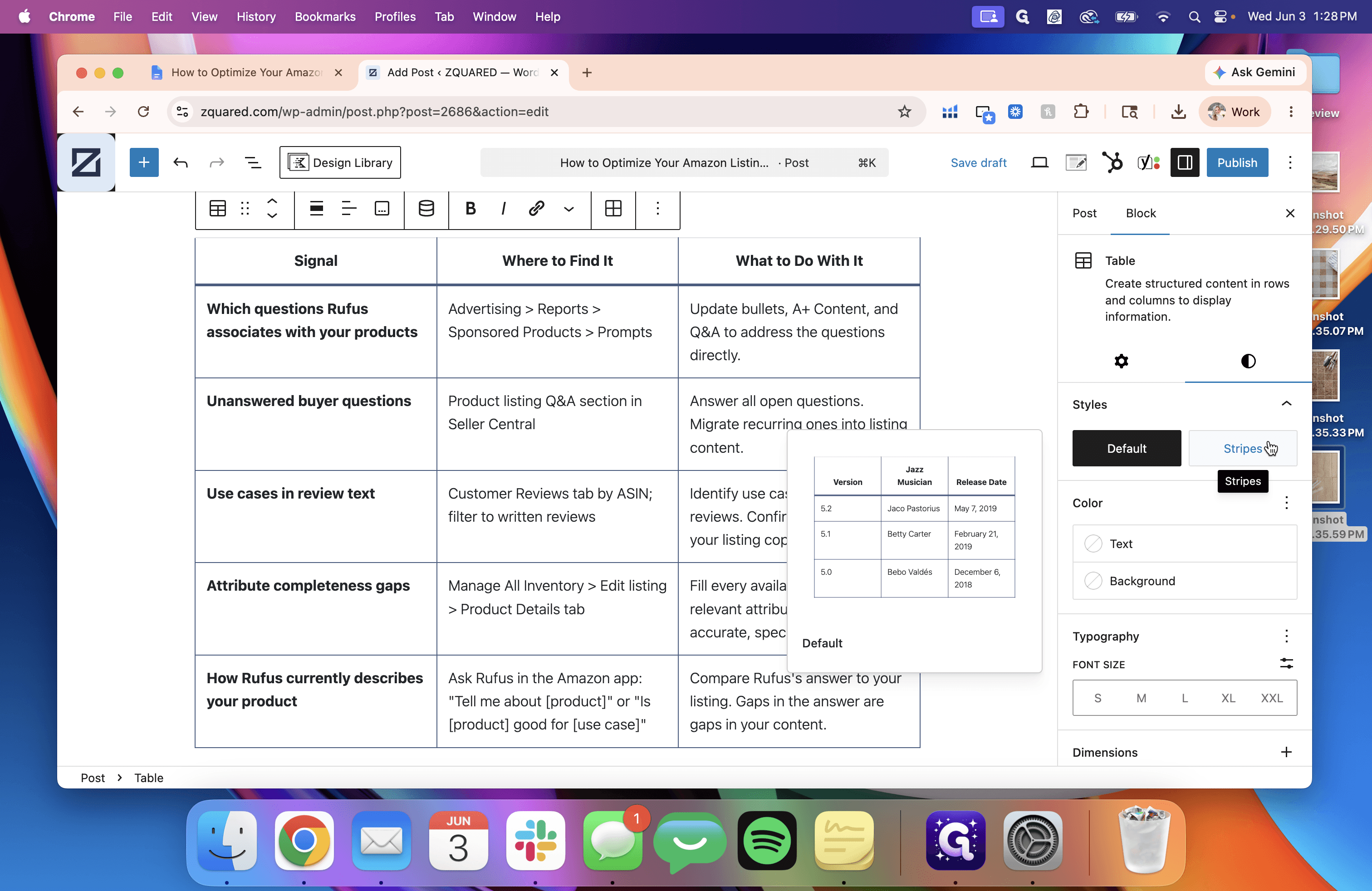 Step #5: If your post includes a table, select the table block, open the block settings sidebar, and under Styles, select Stripes. This typically presents a cleaner look on the front end.