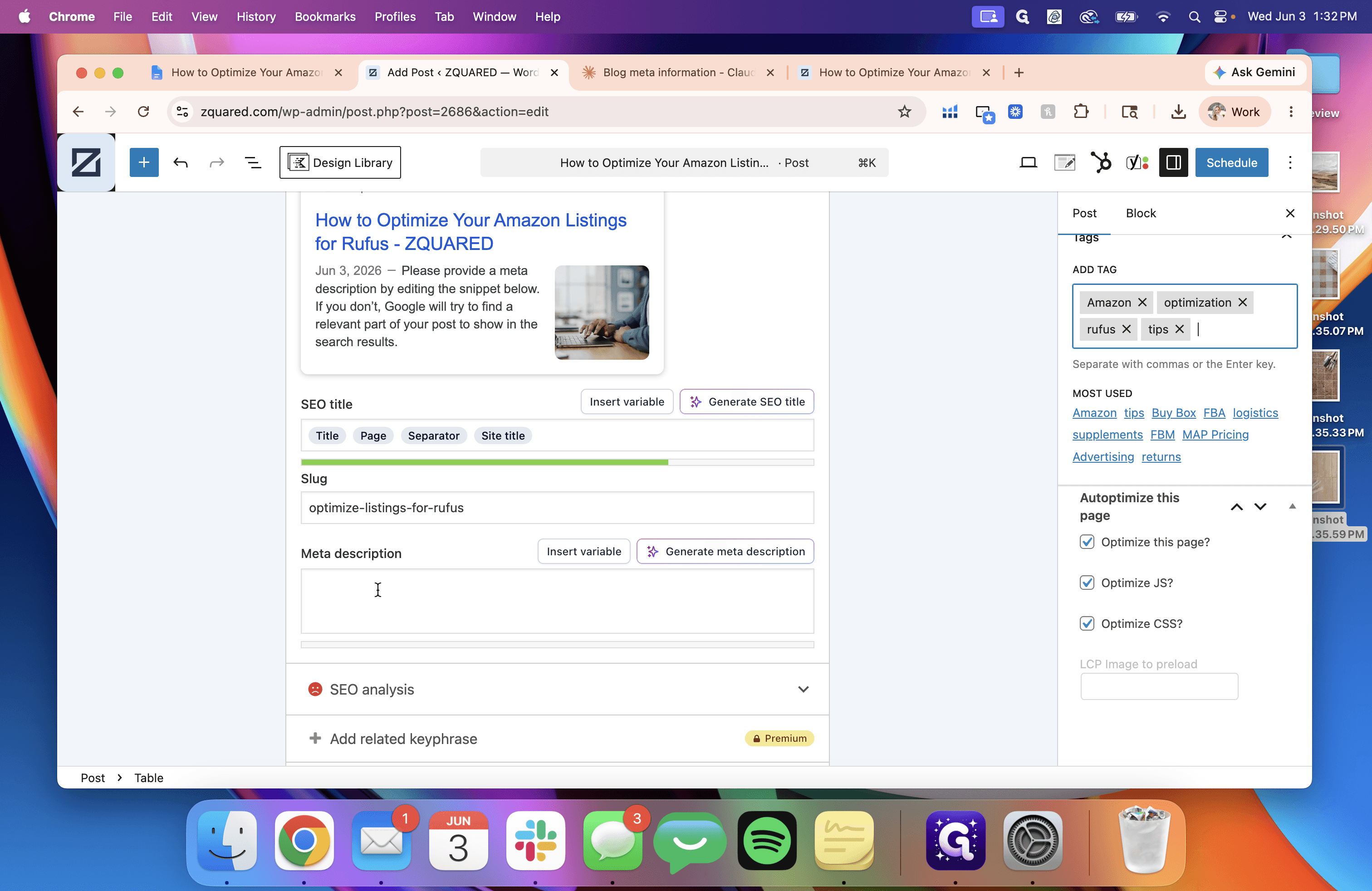 Step #15: Scroll down to your SEO configuration panel and paste your optimized snippet into the Meta description field.