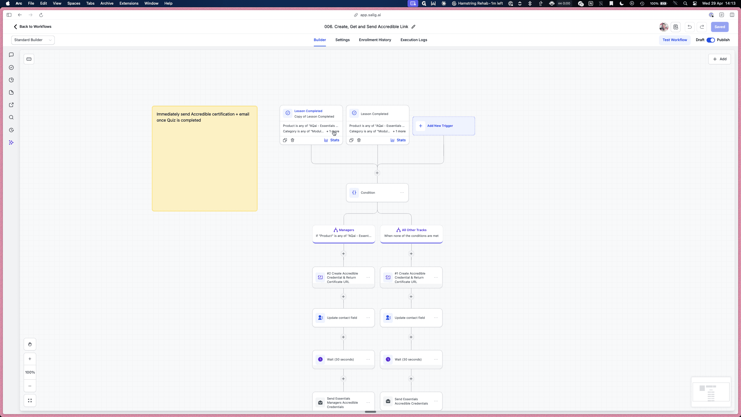 Step #9: Click the Lesson Completed trigger node.