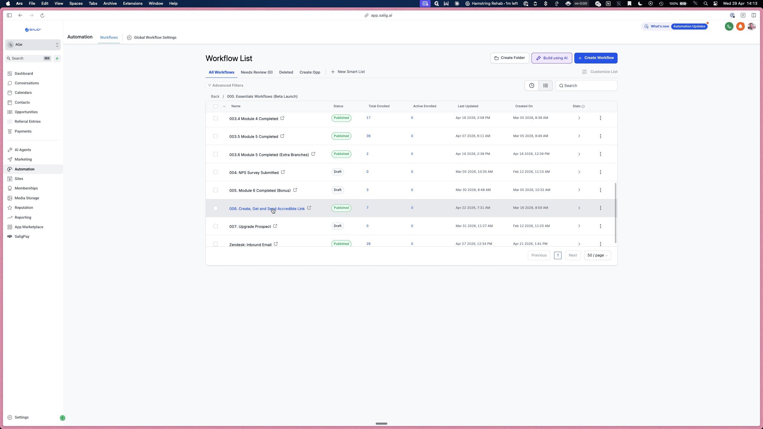 Step #8: Return to the Essentials Workflows folder and select 006. Create, Get and Send Accredible Link.