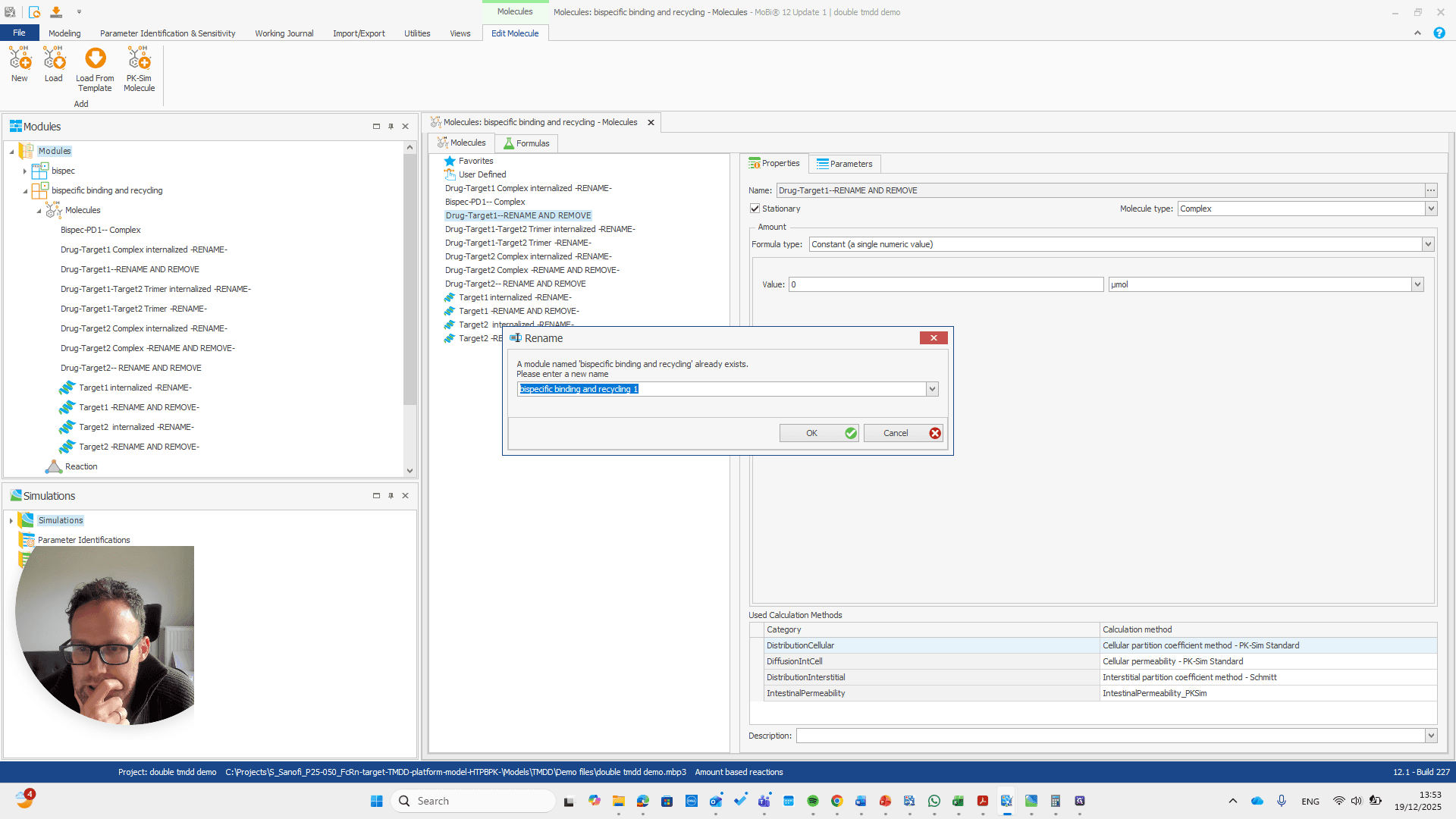 Step #58: Click on "A module named ' bispecific binding and recycling ' already exists . Please enter a new name"