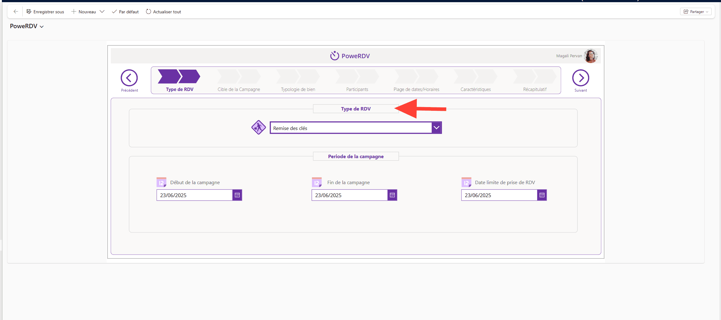 Step #3: Sélectionnez un "Type de RDV", ici "Remise des clés"