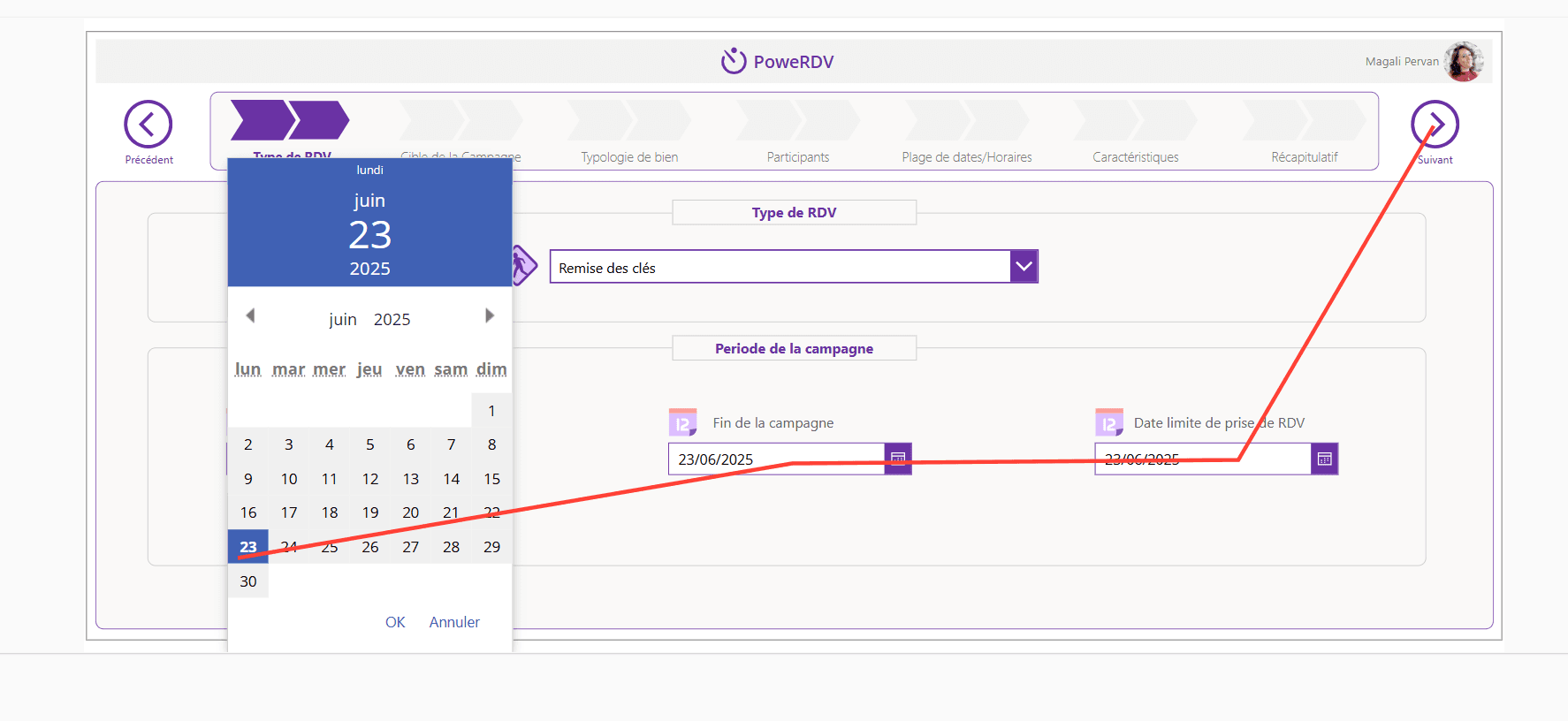 Step #4: Sélectionnez les 3 dates ; Début de campagne, Fin de campagne, Date limite de prise de RDV. Cliquez sur suivant.