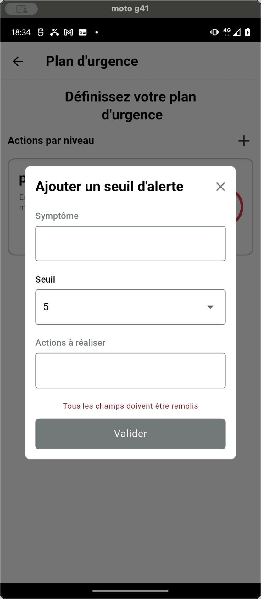 Step #12: Une popup s'affiche pour vous permettre de renseigner vos symptômes, le niveau de stress correspondant et les actions à réaliser.