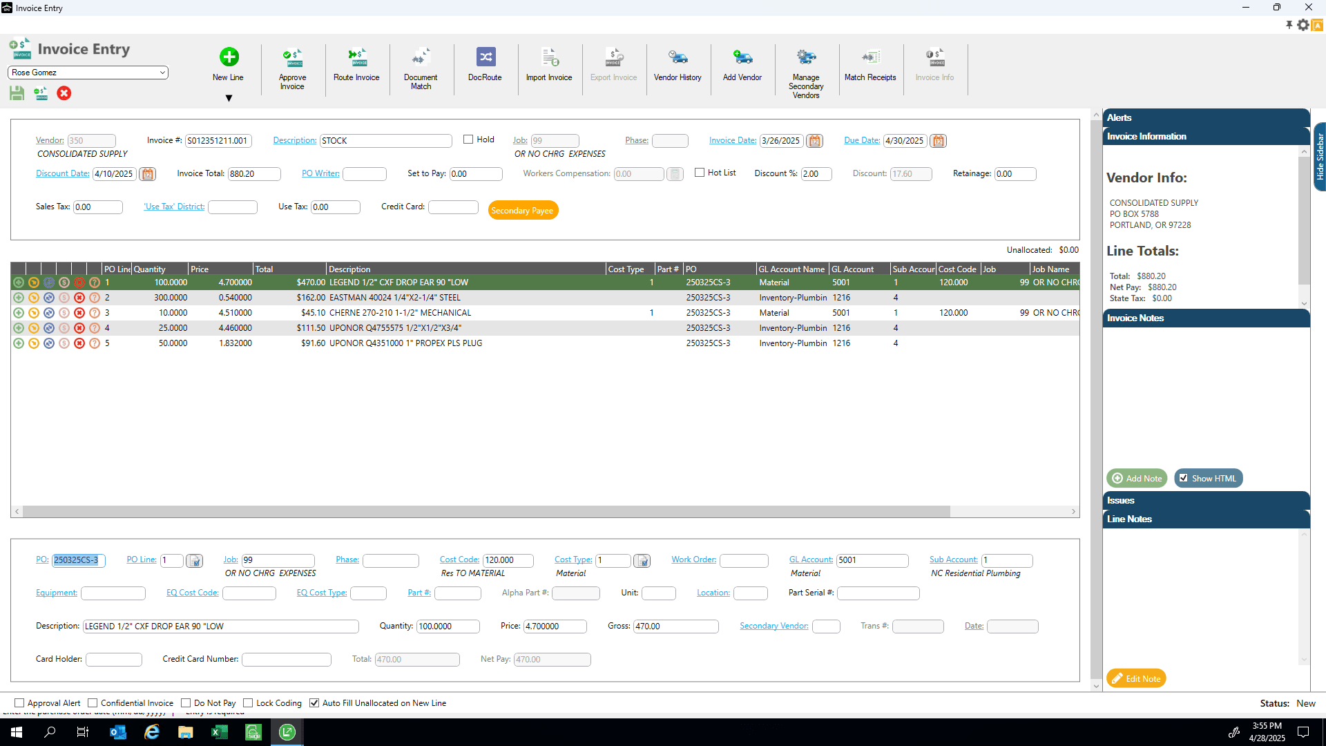 Step #8: This is where you see which accounts and departments each line item is allocated to.