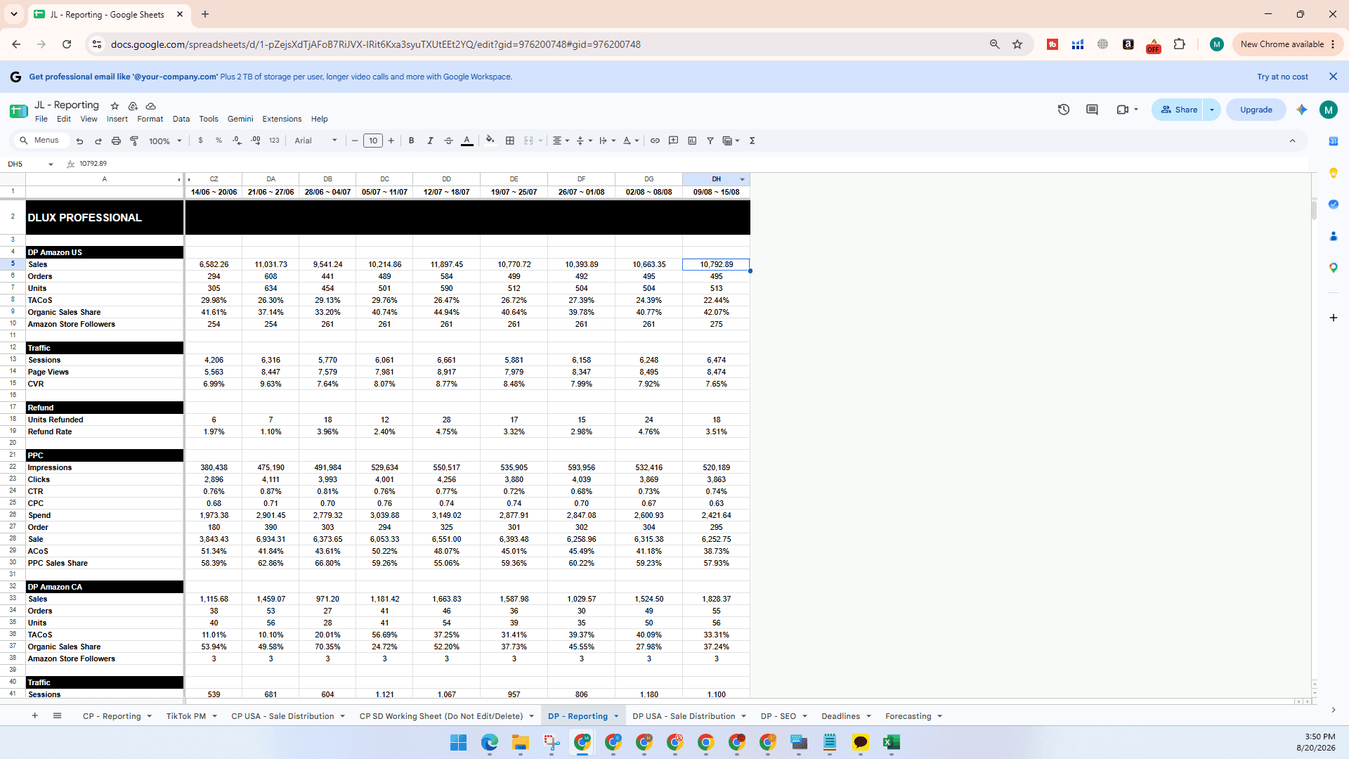 Step #2: Right-click the top of the most recent week's column and select Insert 1 column right.