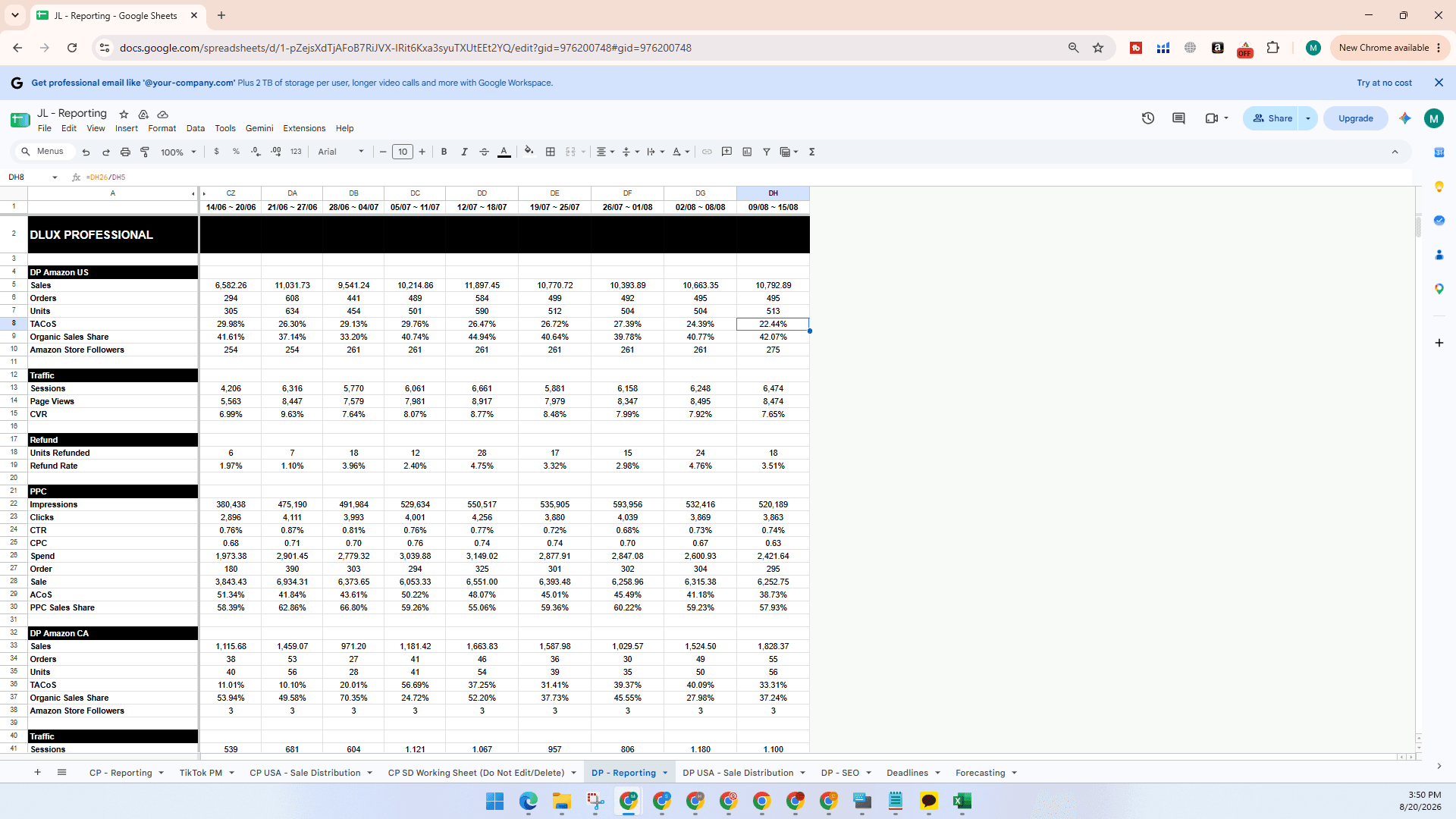 Step #1: Open your Google Sheets reporting dashboard (file name is JL - Reporting) and navigate to the DP - Reporting tab.