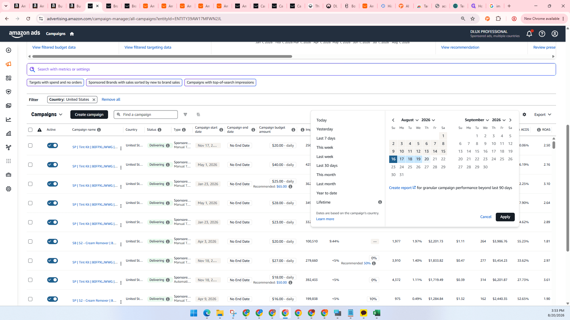 Step #20: Click the date range selector and define the exact start and end dates of the week.
