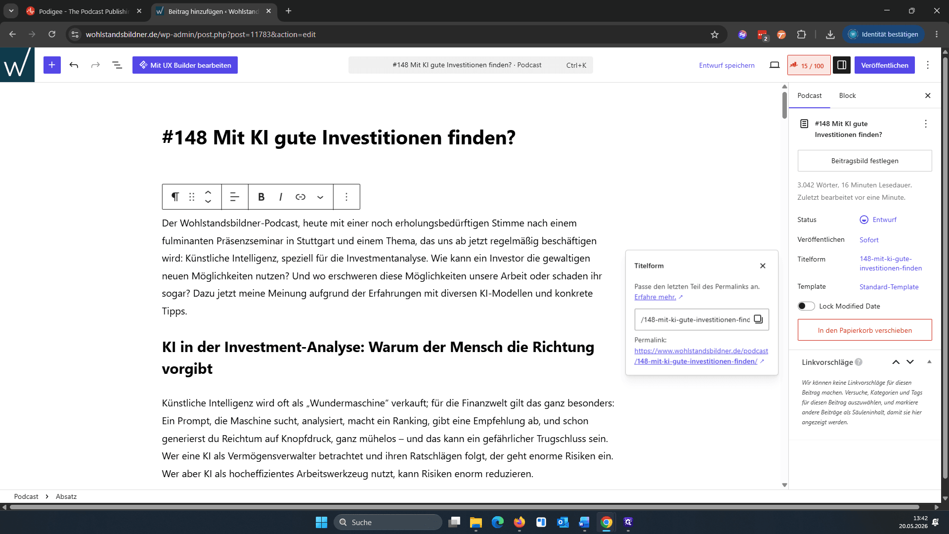 Step #16: Klicken Sie auf das Feld Titelform, um den Permalink der Seite anzupassen.