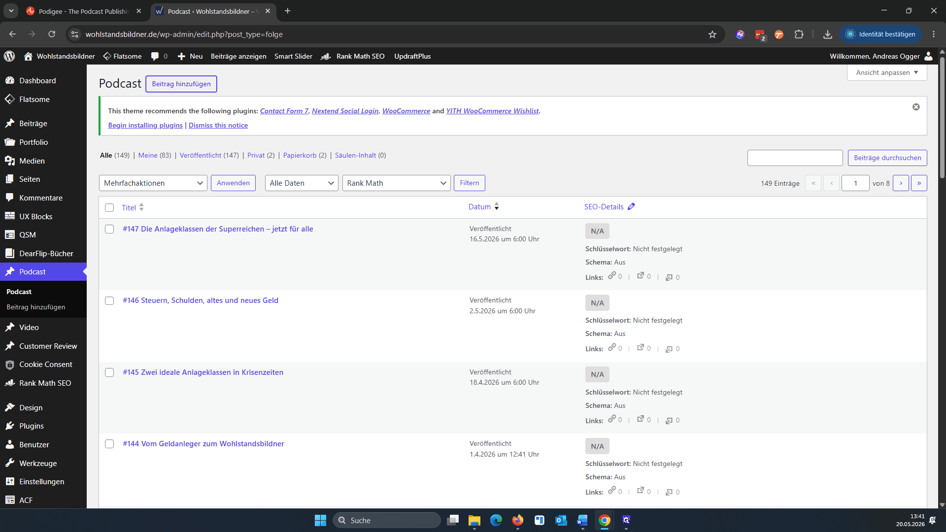 Step #4: Wechseln Sie in das WordPress-Backend, navigieren Sie zu den Podcasts und klicken Sie auf Beitrag hinzufügen.