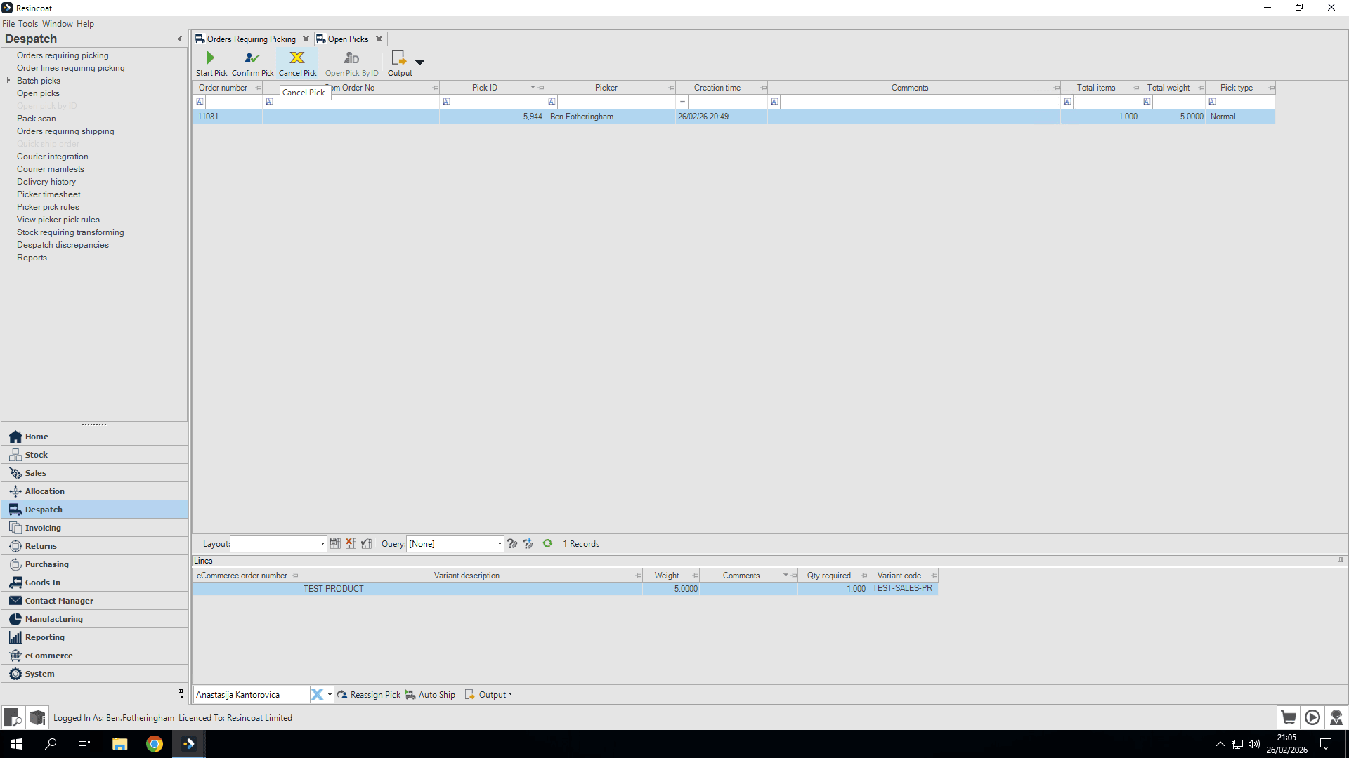 Step #3: Click on "Cancel Pick"