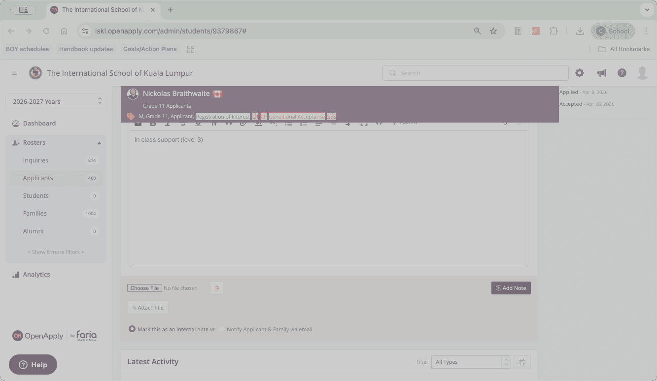 Step #5: Click Add Note to officially save your text input and file attachment to the student's profile.