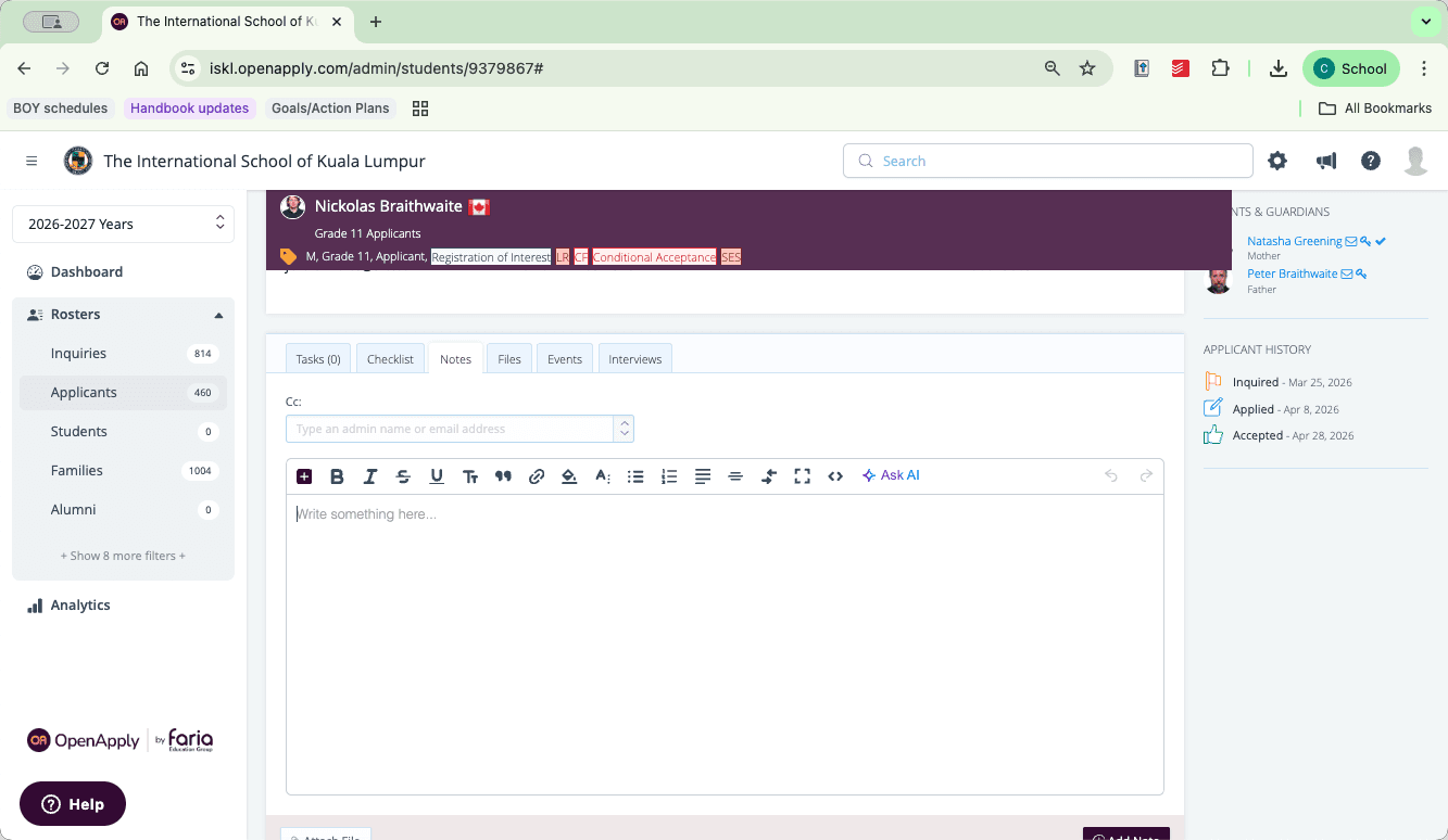 Step #2: Click inside the rich-text editor enter the student's screening results and your EAL placement recommendations (e.g. In-class support (Level 1)).