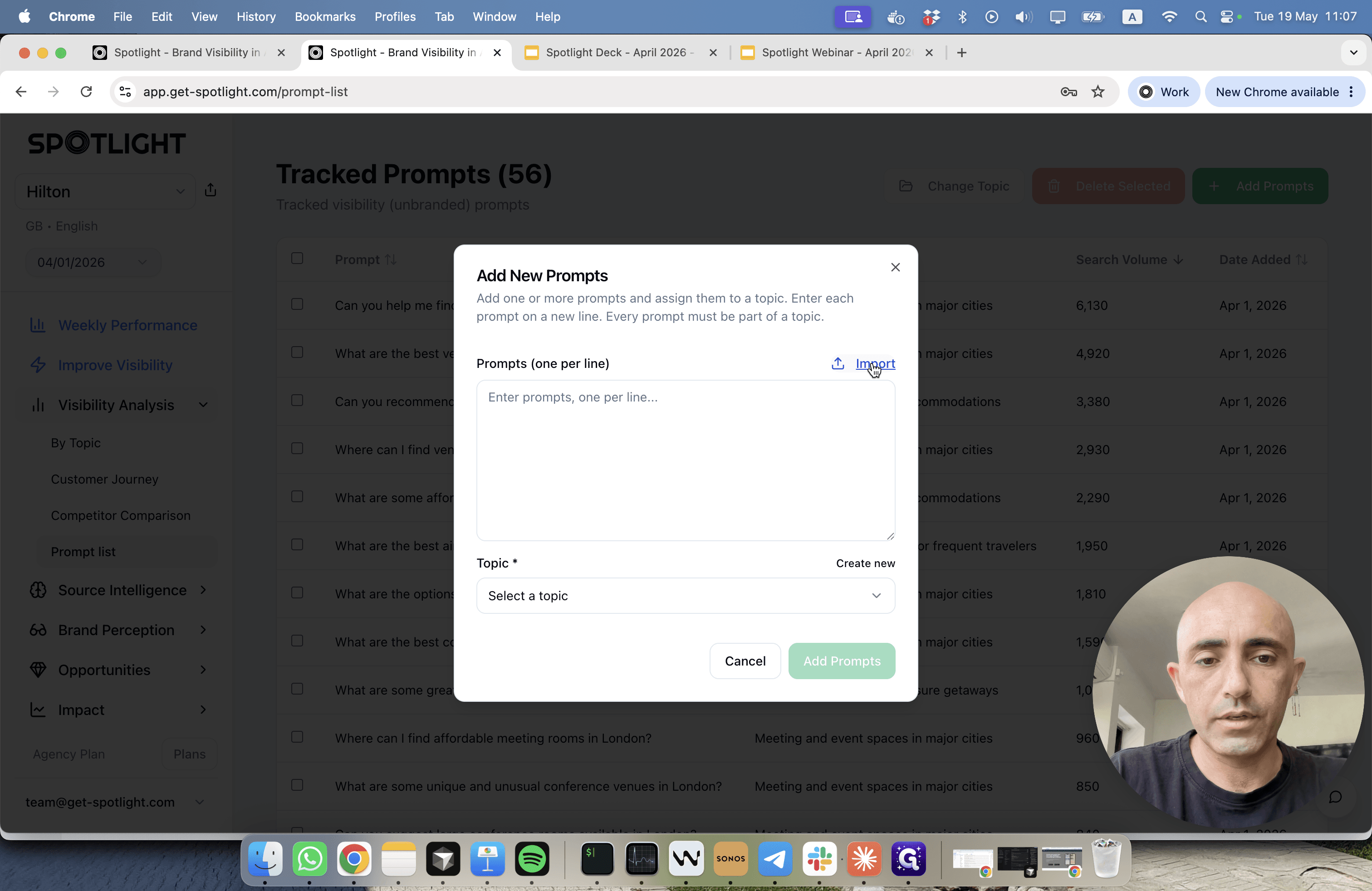 Step #10: Click Import to upload a CSV file containing your prompts and topics.