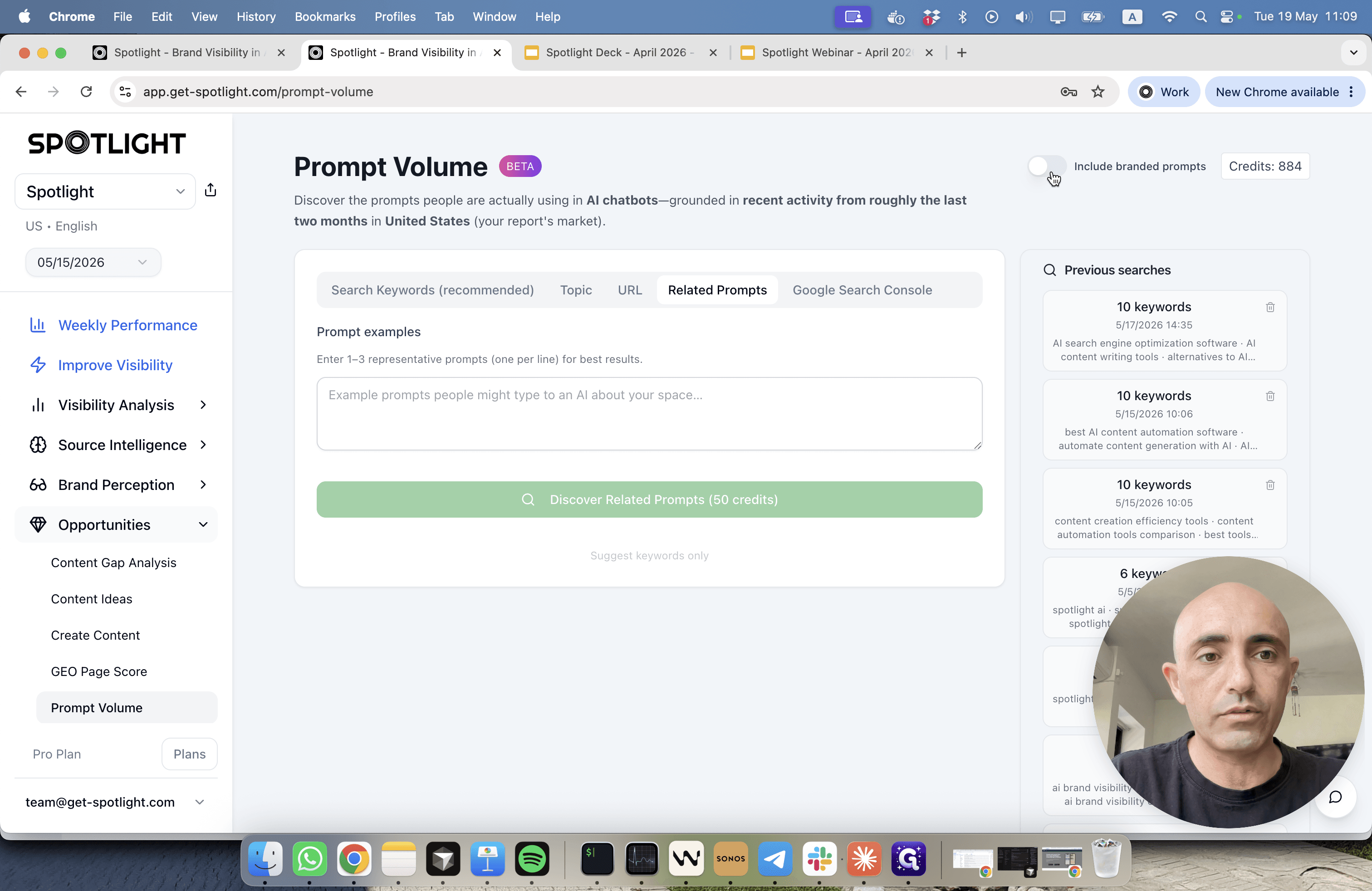 Step #2: Toggle on Include branded prompts while researching to surface queries asking specifically about your brand.
