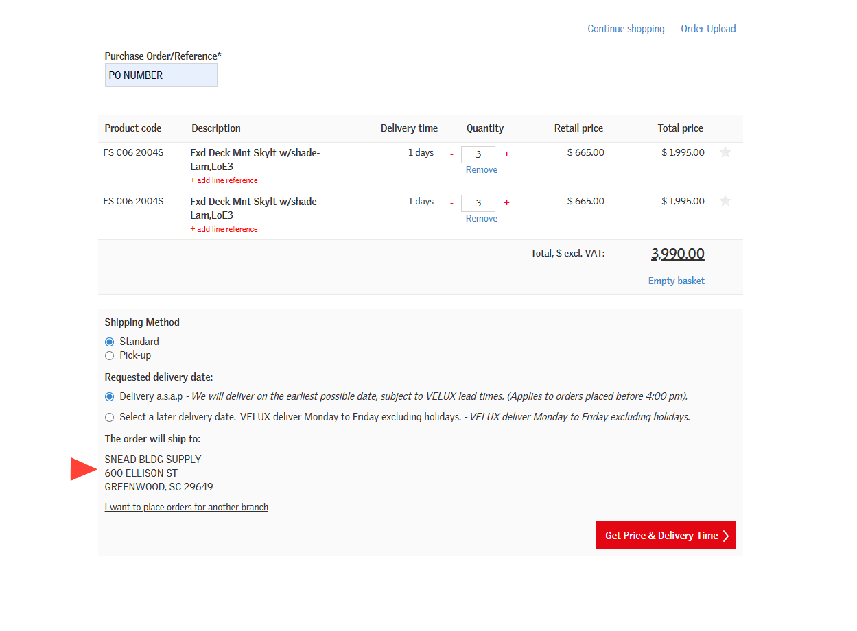 Step #14: Verify the PO number, order quantity and materials, shipping method, requested delivery date, and ship to address are correct and click Get Price & Delivery Time.