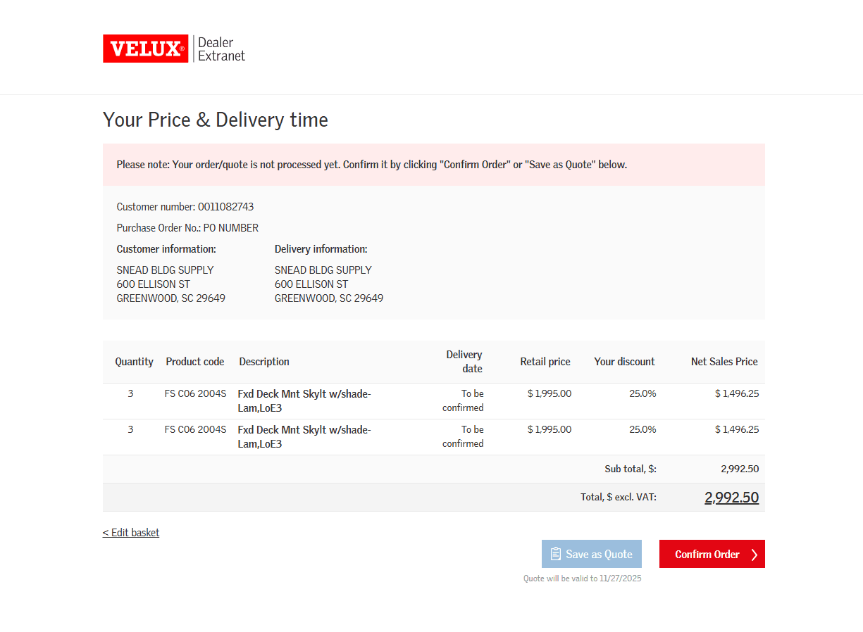 Step #15: This screen displays all the sales order information including retail and discounted price, as well as anticipated Delivery date if available. The final step is to select Confirm Order.