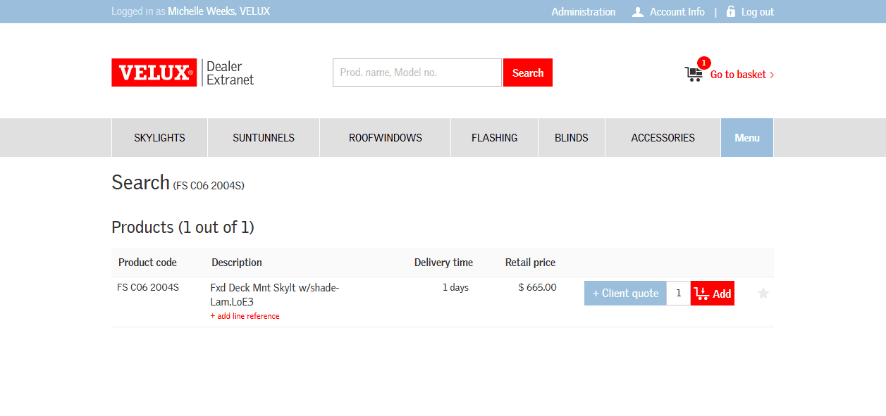 Step #5: The second option is to choose from the product tabs at the top. In this example, to add (3) FS C06 2004S as above, start by selecting SKYLIGHTS.