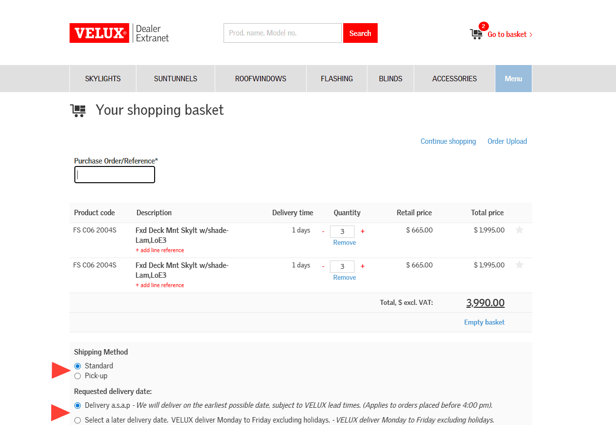 Step #13: Enter your PO number in the Purchase Order/Reference field. The Shipping Method defaults to Standard shipping and the Requested delivery date defaults to Delivery a.s.a.p, but you can change this by simply clicking in the field you wish to adjust.