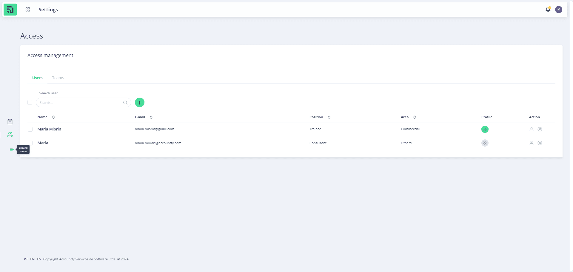 Step #2: Neste app, o gerenciamento de acessos está no módulo de Gerenciamento de Acessos.