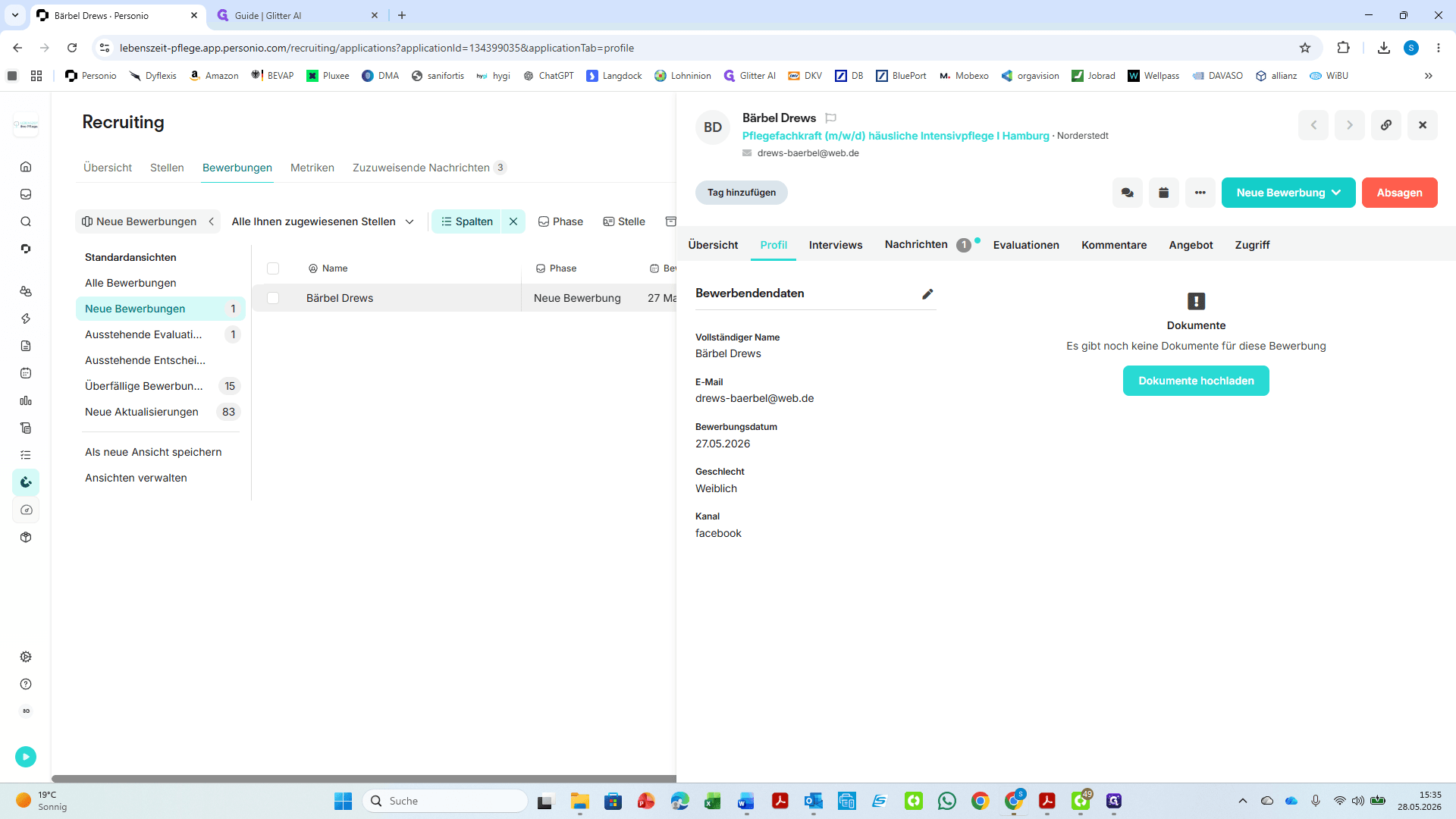 Step #1: Klicken Sie im Bewerberprofil auf das Dropdown-Menü der aktuellen Bewerbungsphase (z. B. Neue Bewerbung).
