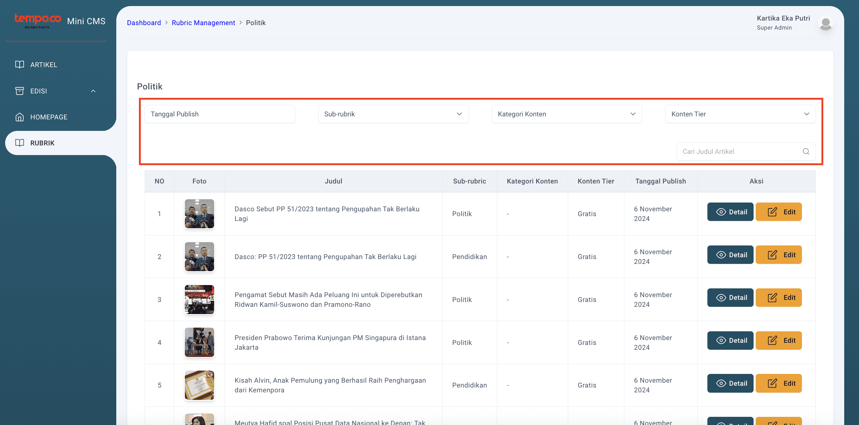 Step #3: Berikut merupakan halaman list artikel dari setiap rubrik yang dipilih. Redaksi dapat memanfaatkan fitur filter dan search yang ada di halaman ini, untuk dapat mencari artikel yang diinginkan