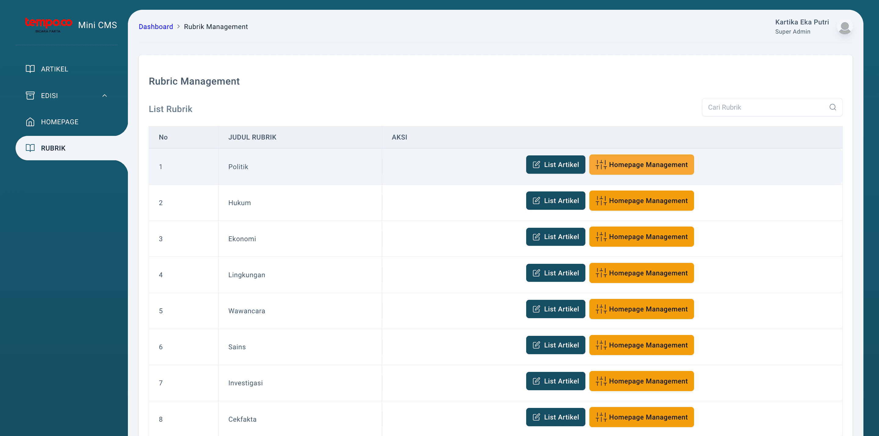 Step #6: Redaksi dapat mengonfigurasi homepage setiap rubrik di Tempo.co, mulai dari mengatur berita utama apa saja yang hendak di-highlight, hingga mengatur topik trending dan fokus apa saja yang hendak ditampilkan di setiap rubriknya, melalui tombol 'Homepage Management' berikut. Details dari fitur Homepage Management, bisa dibaca di section setelah ini