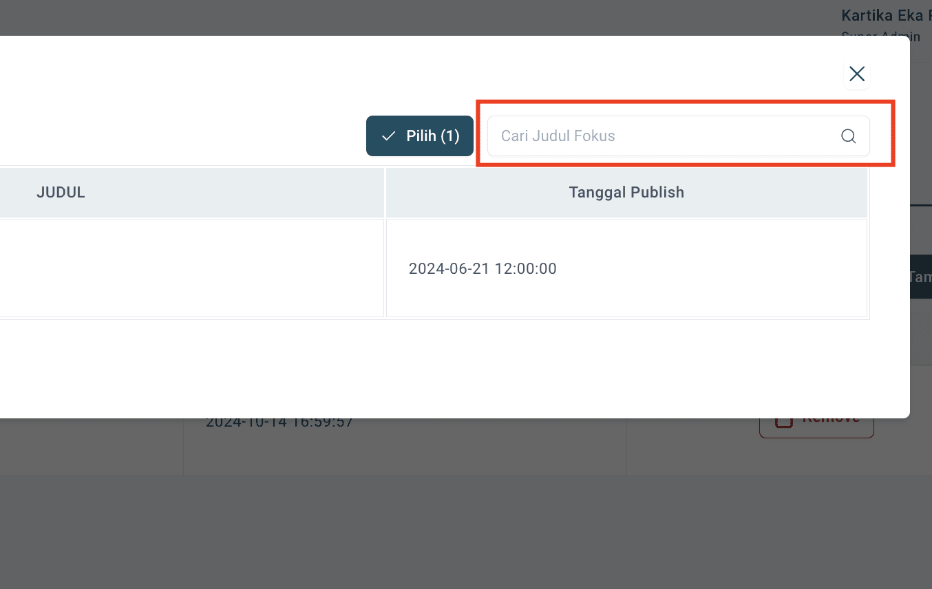 Step #25: Redaksi juga dapat memanfaatkan fitur search berikut untuk langsung mencari Fokus yang diinginkan